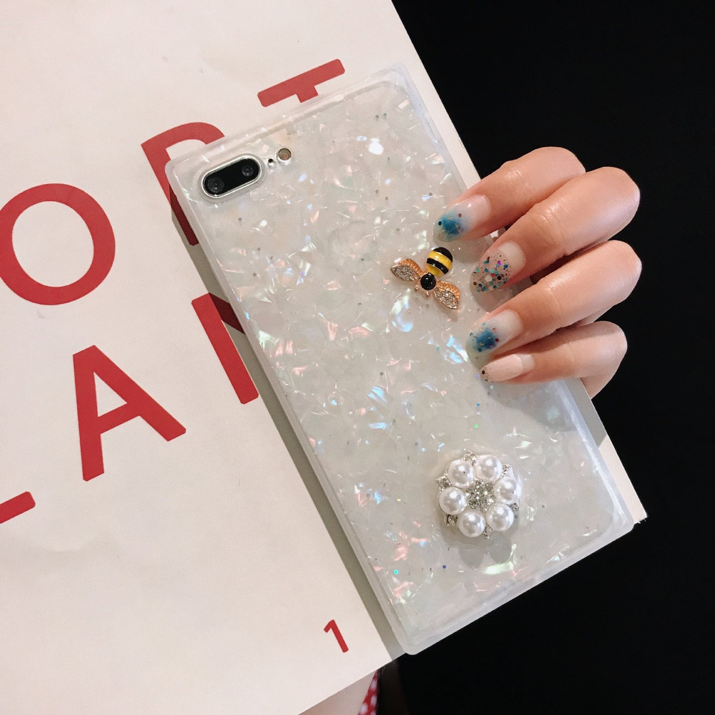 Compatible With Compatible With Square Shell Mobile Phone Shell Drop Glue Bee Stick Drill Fashion Personality Hard Shell
