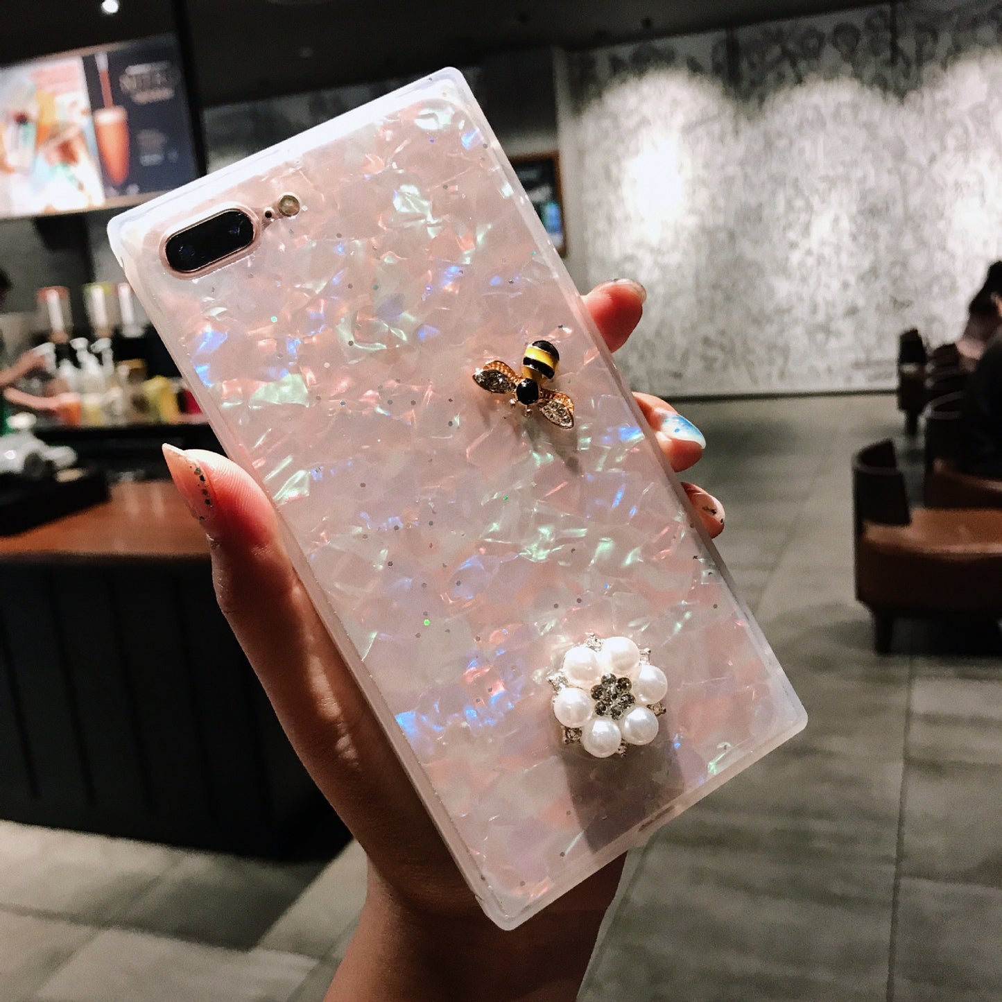 Compatible With Compatible With Square Shell Mobile Phone Shell Drop Glue Bee Stick Drill Fashion Personality Hard Shell