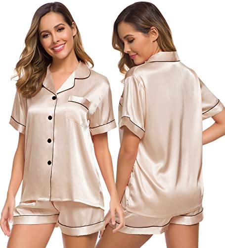 SWOMOG Womens Silk Satin Pajamas Set Short Sleeve Button Down Sleepwear Loungewear 2 Pcs Pj Sets