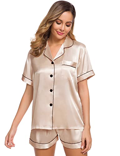 SWOMOG Womens Silk Satin Pajamas Set Short Sleeve Button Down Sleepwear Loungewear 2 Pcs Pj Sets