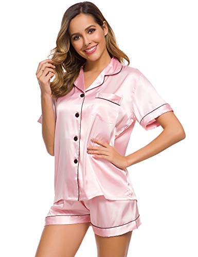 SWOMOG Womens Silk Satin Pajamas Set Short Sleeve Button Down Sleepwear Loungewear 2 Pcs Pj Sets
