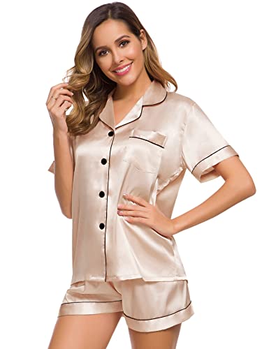 SWOMOG Womens Silk Satin Pajamas Set Short Sleeve Button Down Sleepwear Loungewear 2 Pcs Pj Sets