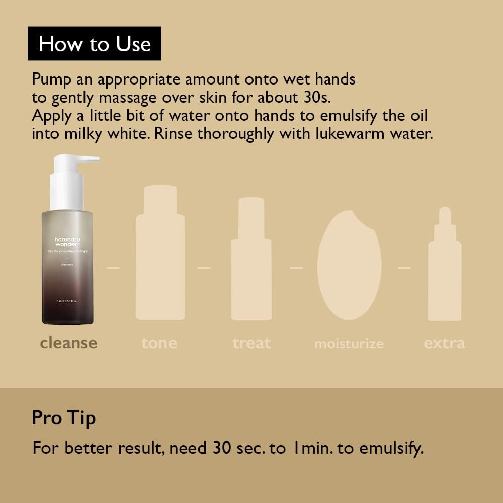 Haruharu Wonder Black Rice Moisture Deep Cleansing Oil 5.1 fl.oz / 150ml | Korean Facial Cleanser, Makeup Remover | Vegan, Cruelty Free | Jojoba Seed Oil, Macadamia Seed Oil