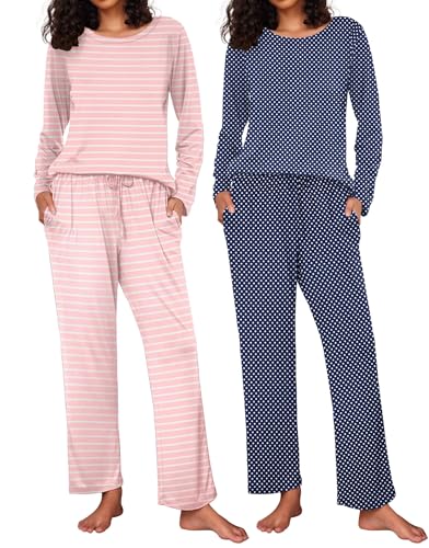 Ekouaer 2 Pack Women's Pajama Set Soft Long Sleeve Sleepwear Loungewear Pjs Sets with Pockets
