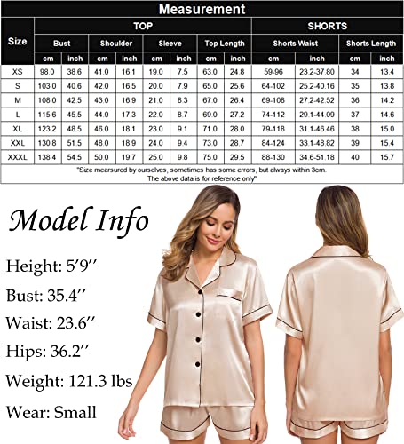 SWOMOG Womens Silk Satin Pajamas Set Short Sleeve Button Down Sleepwear Loungewear 2 Pcs Pj Sets