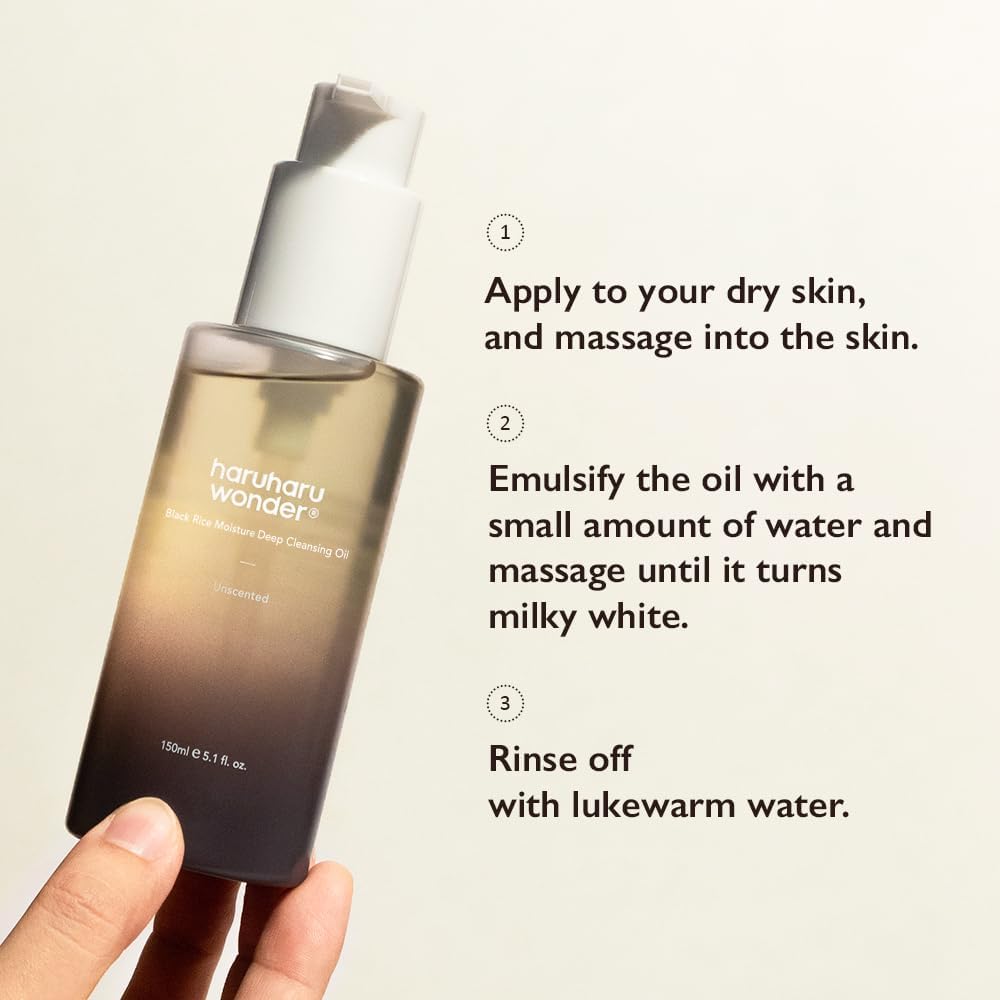 Haruharu Wonder Black Rice Moisture Deep Cleansing Oil 5.1 fl.oz / 150ml | Korean Facial Cleanser, Makeup Remover | Vegan, Cruelty Free | Jojoba Seed Oil, Macadamia Seed Oil