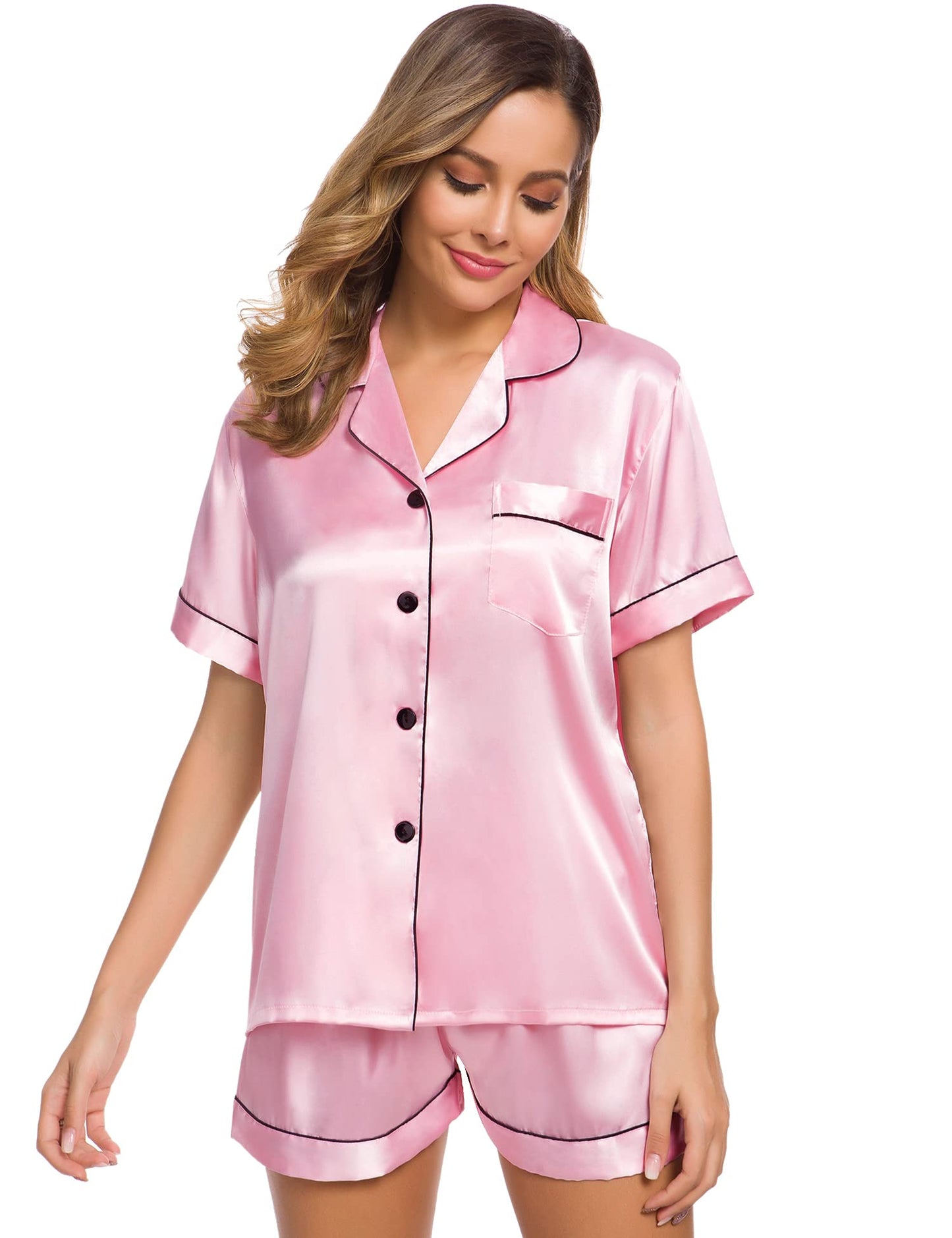 SWOMOG Womens Silk Satin Pajamas Set Short Sleeve Button Down Sleepwear Loungewear 2 Pcs Pj Sets