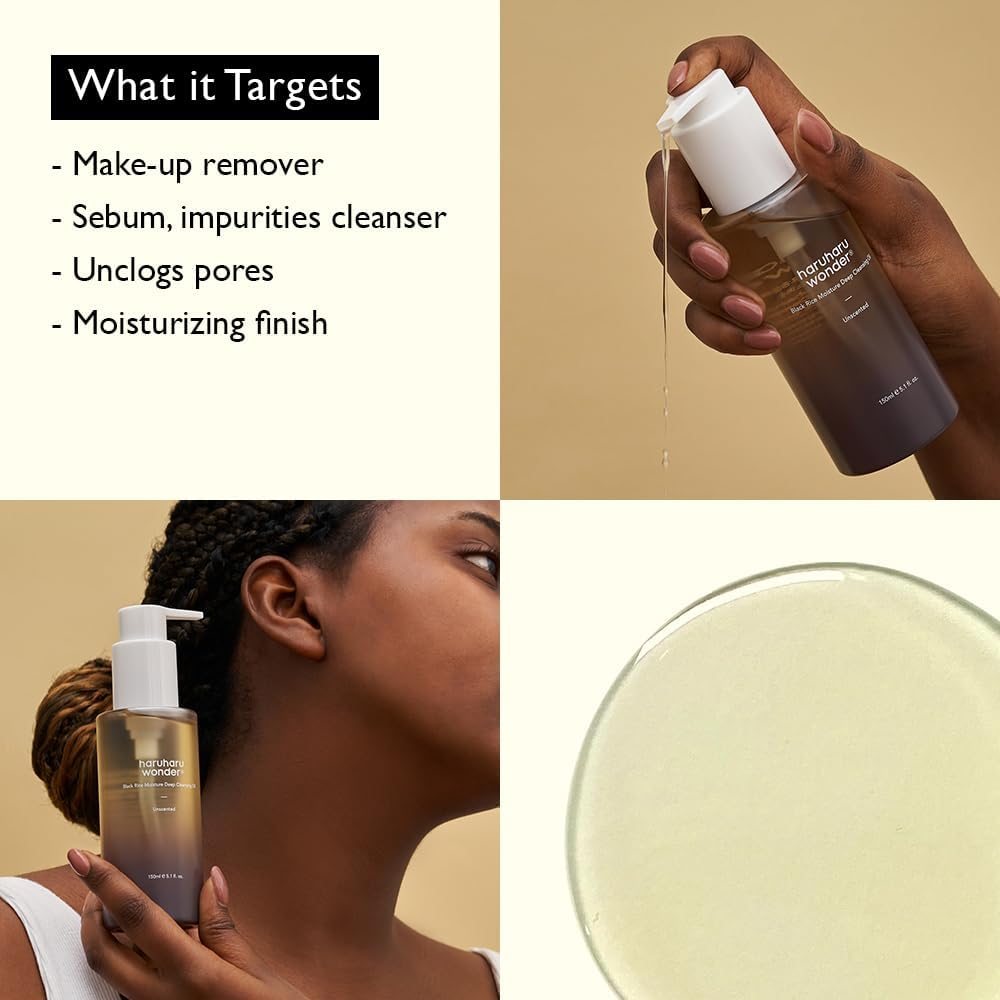 Haruharu Wonder Black Rice Moisture Deep Cleansing Oil 5.1 fl.oz / 150ml | Korean Facial Cleanser, Makeup Remover | Vegan, Cruelty Free | Jojoba Seed Oil, Macadamia Seed Oil