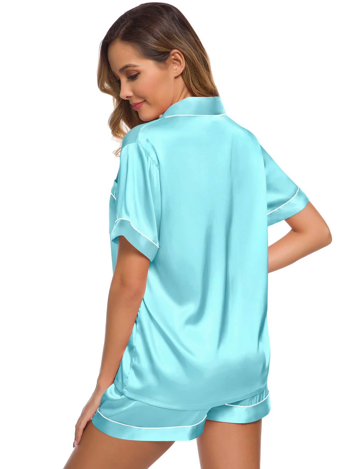 SWOMOG Womens Silk Satin Pajamas Set Short Sleeve Button Down Sleepwear Loungewear 2 Pcs Pj Sets