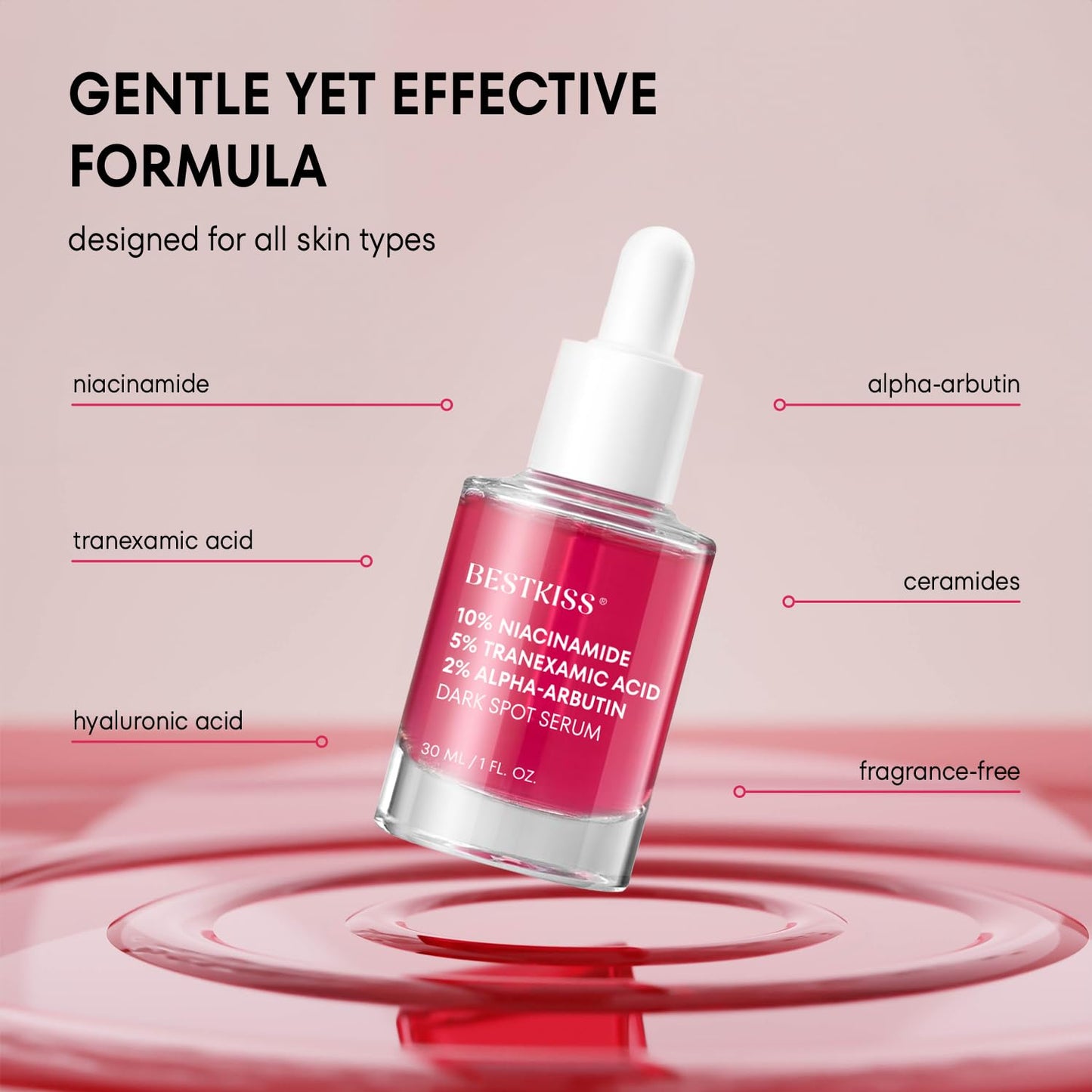 Bestkiss 10% Niacinamide + 5% Tranexamic Acid + 2% Alpha-Arbutin Dark Spot Serum with Ceramides Hyaluronic Acid Centella Asiatica - Vegan Fragrance Free Cruelty Free 30mL