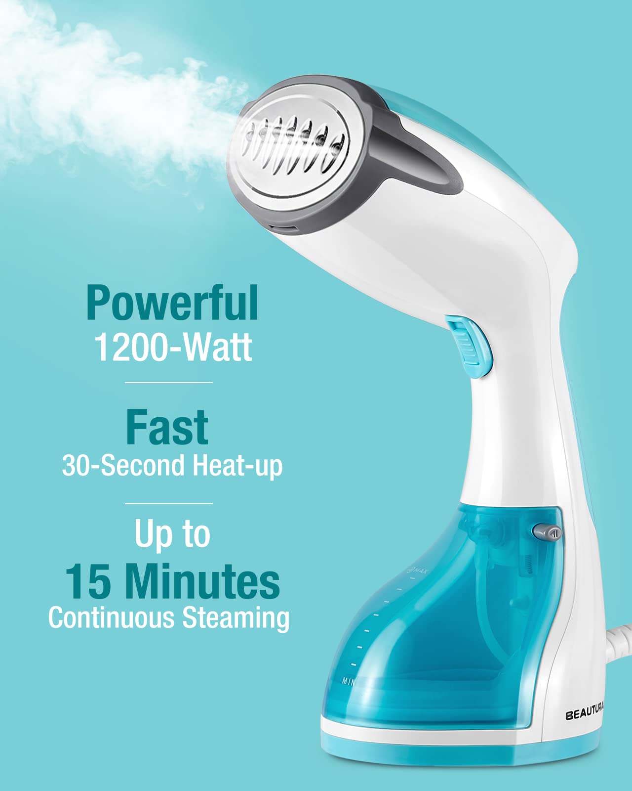 BEAUTURAL 1200-Watt Handheld Steamer for Clothes, 30-Second Heat-up, 8.79-Ounce Water Tank, Aqua