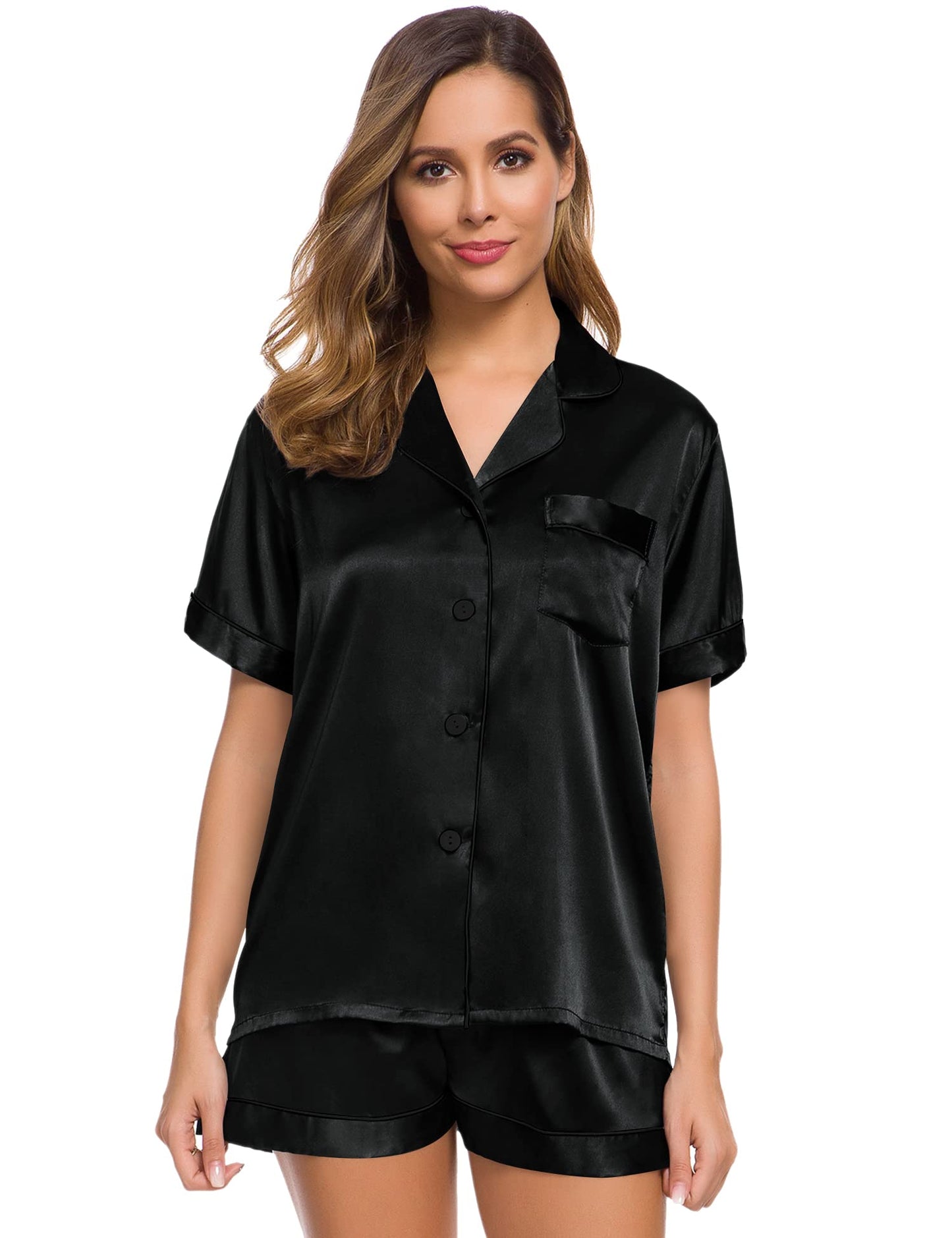 SWOMOG Womens Silk Satin Pajamas Set Short Sleeve Button Down Sleepwear Loungewear 2 Pcs Pj Sets