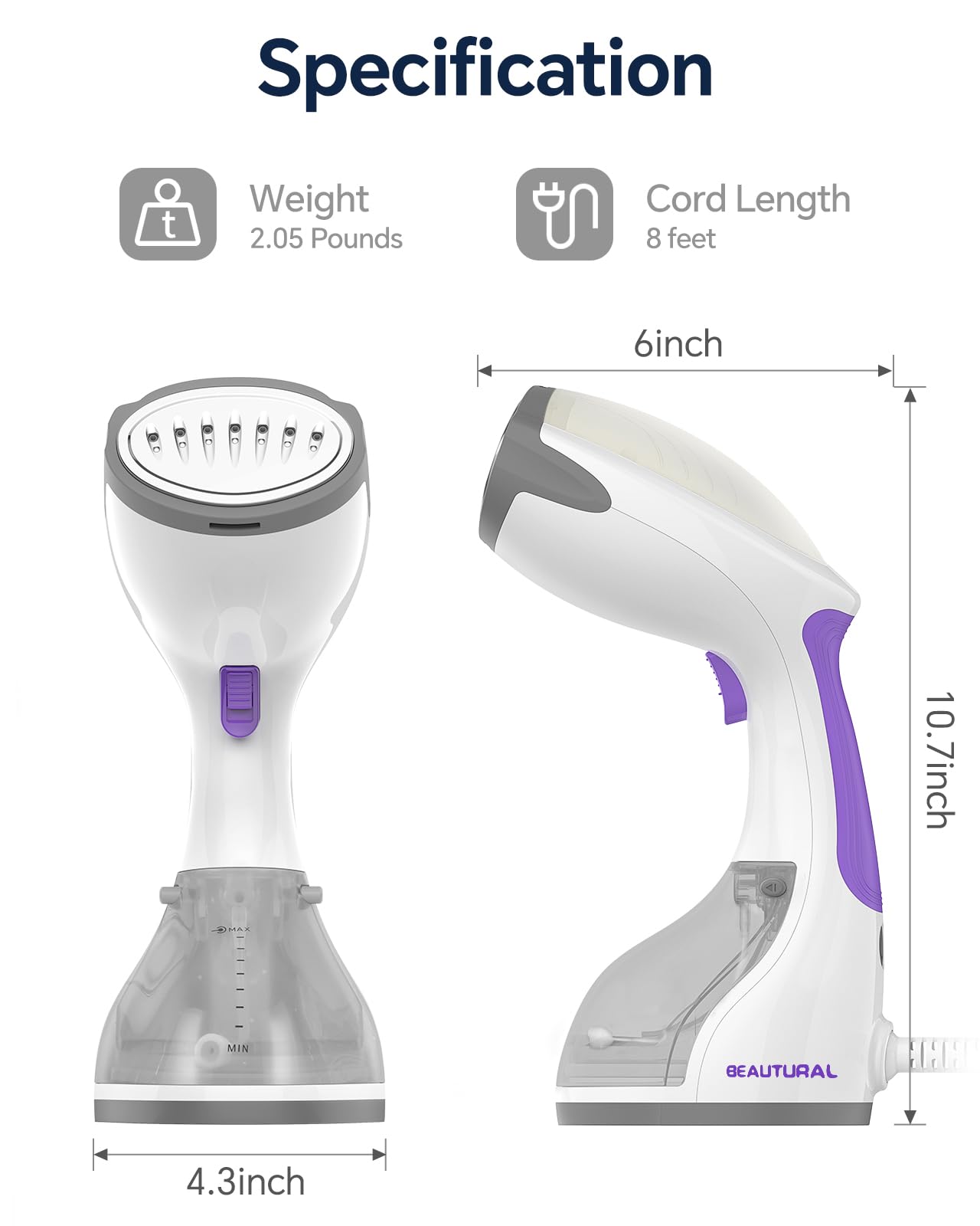 BEAUTURAL 1200-Watt Handheld Steamer for Clothes, 30-Second Heat-up, 8.79-Ounce Water Tank, Aqua