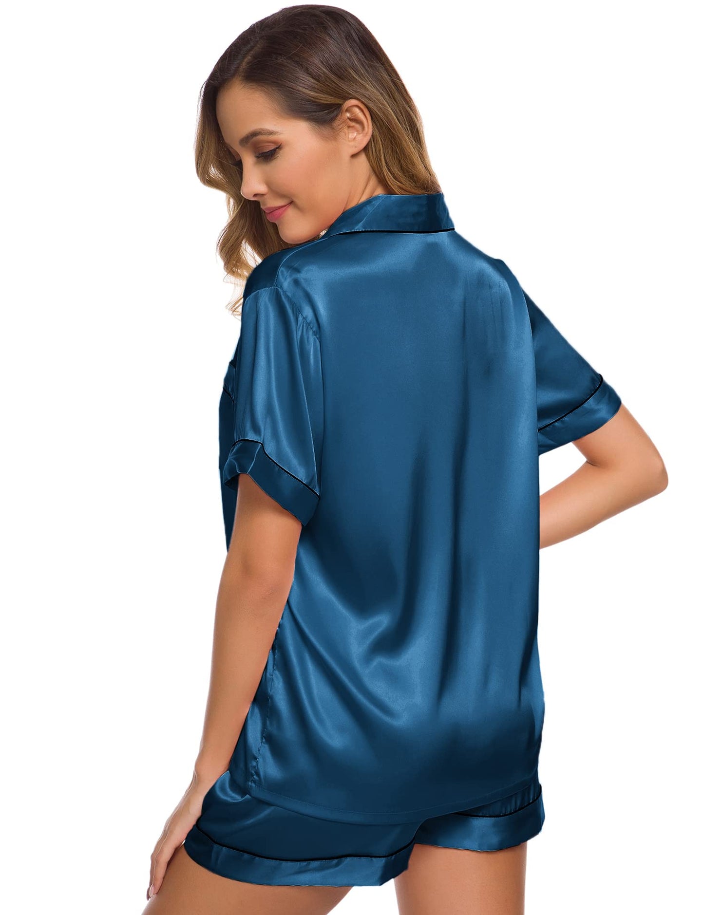 SWOMOG Womens Silk Satin Pajamas Set Short Sleeve Button Down Sleepwear Loungewear 2 Pcs Pj Sets