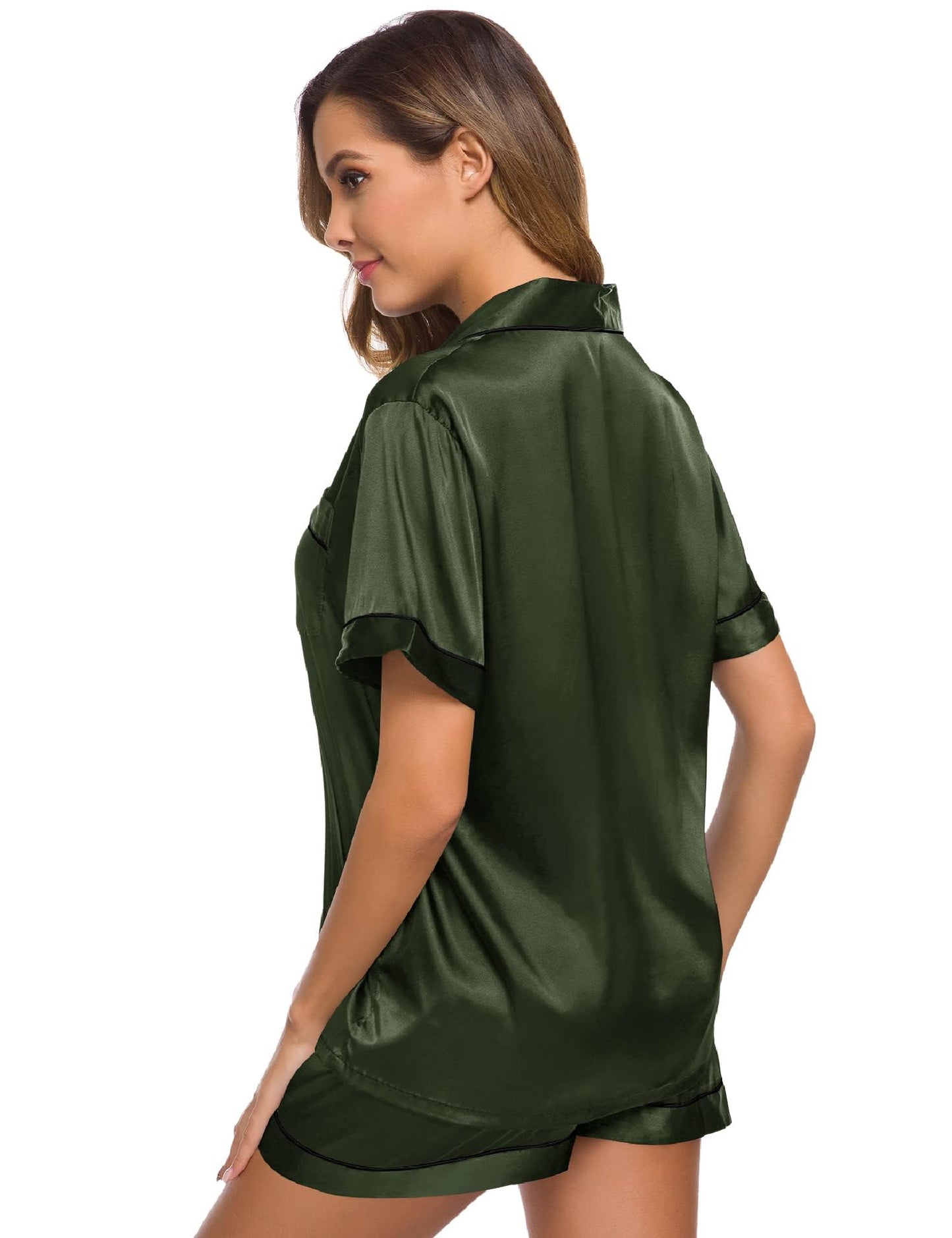 SWOMOG Womens Silk Satin Pajamas Set Short Sleeve Button Down Sleepwear Loungewear 2 Pcs Pj Sets
