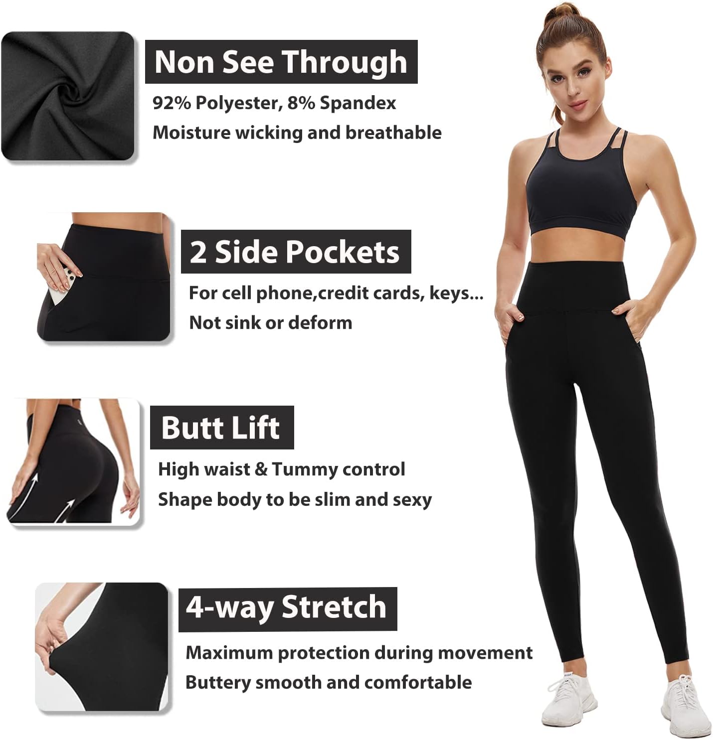 DHSO 3 Pack Leggings for Women, High Waist Tummy Control Yoga Pants Non See-Through Workout Running Tights