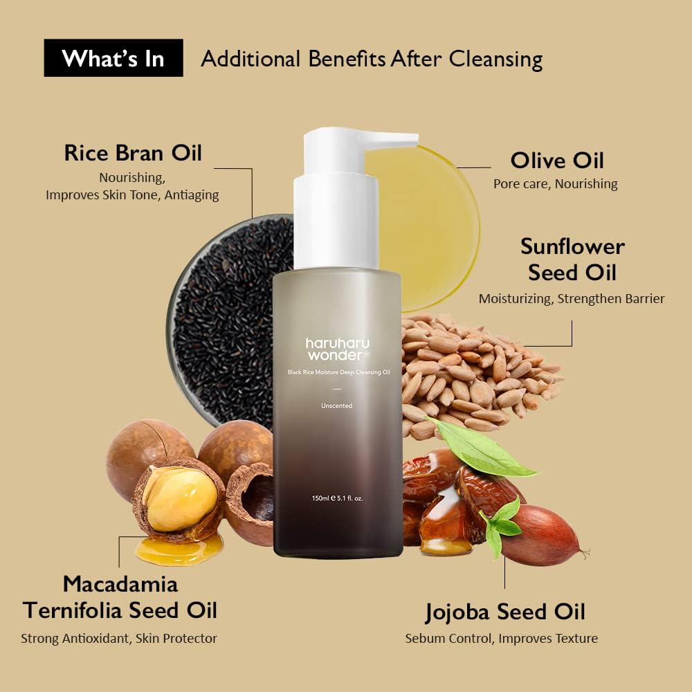 Haruharu Wonder Black Rice Moisture Deep Cleansing Oil 5.1 fl.oz / 150ml | Korean Facial Cleanser, Makeup Remover | Vegan, Cruelty Free | Jojoba Seed Oil, Macadamia Seed Oil