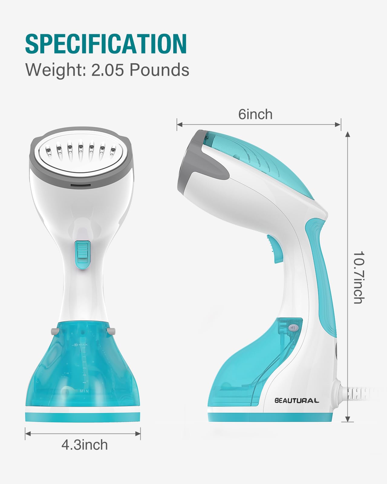 BEAUTURAL 1200-Watt Handheld Steamer for Clothes, 30-Second Heat-up, 8.79-Ounce Water Tank, Aqua