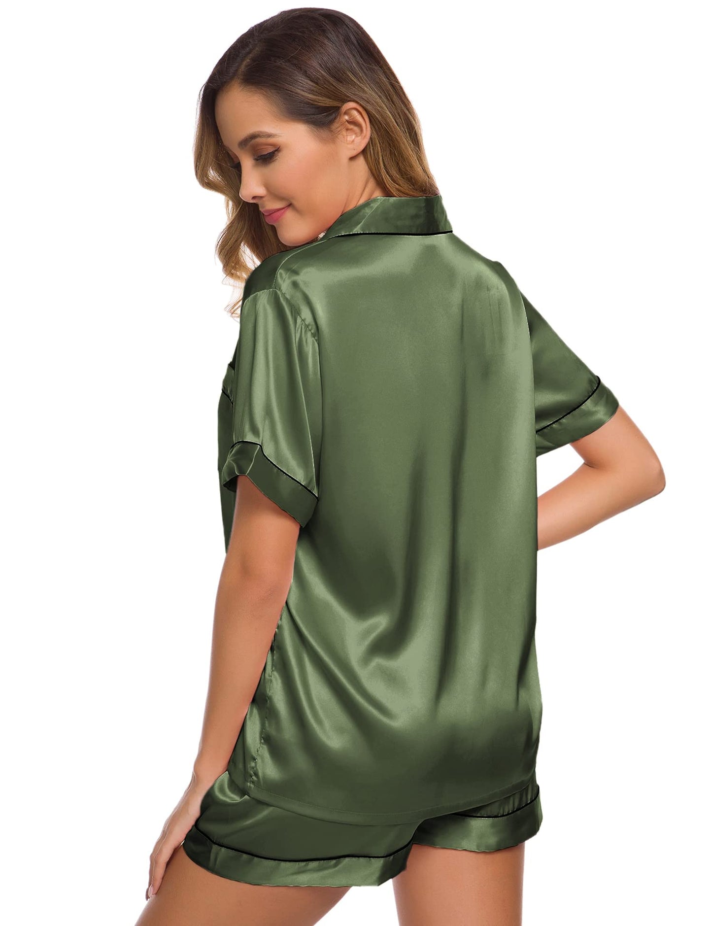 SWOMOG Womens Silk Satin Pajamas Set Short Sleeve Button Down Sleepwear Loungewear 2 Pcs Pj Sets