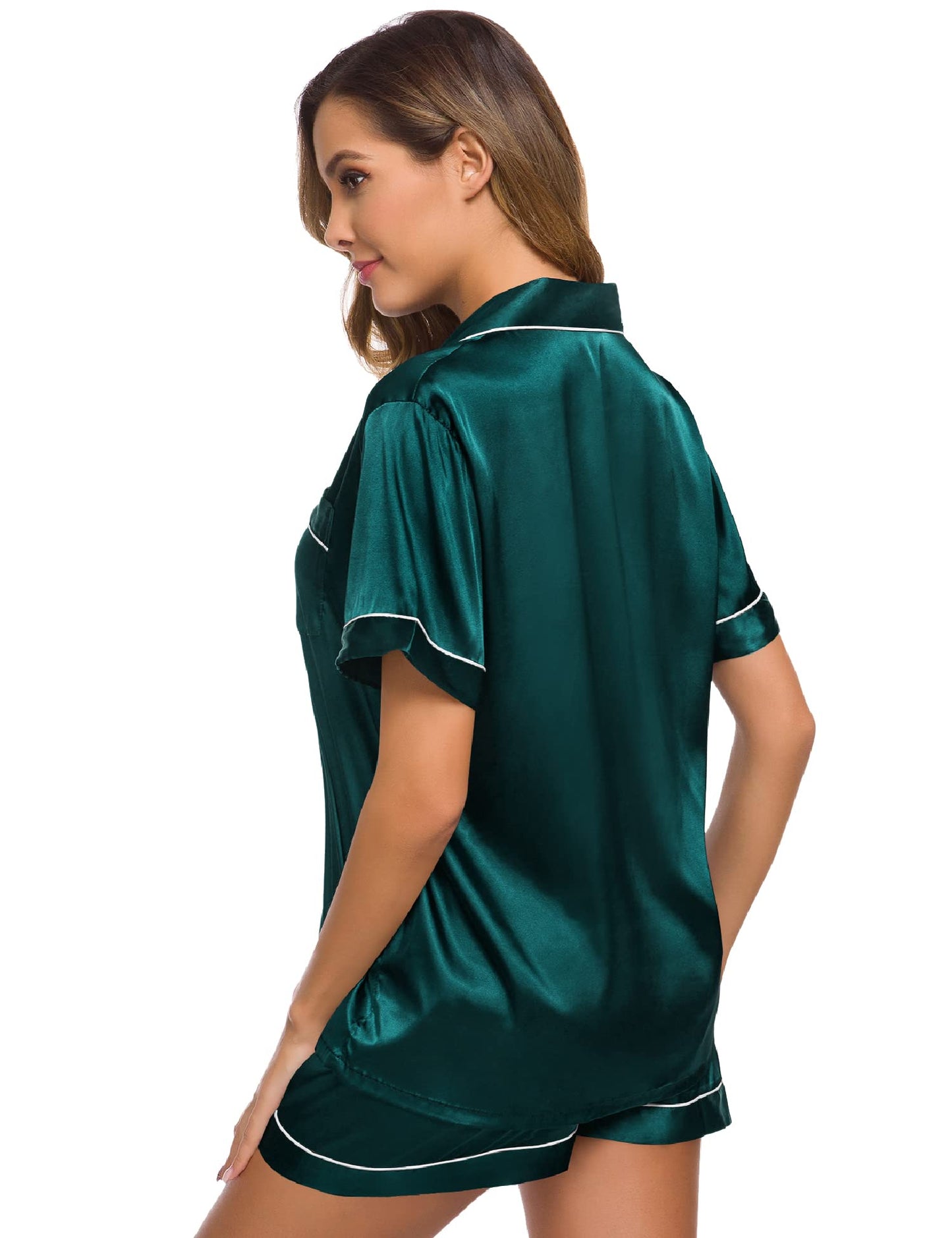 SWOMOG Womens Silk Satin Pajamas Set Short Sleeve Button Down Sleepwear Loungewear 2 Pcs Pj Sets