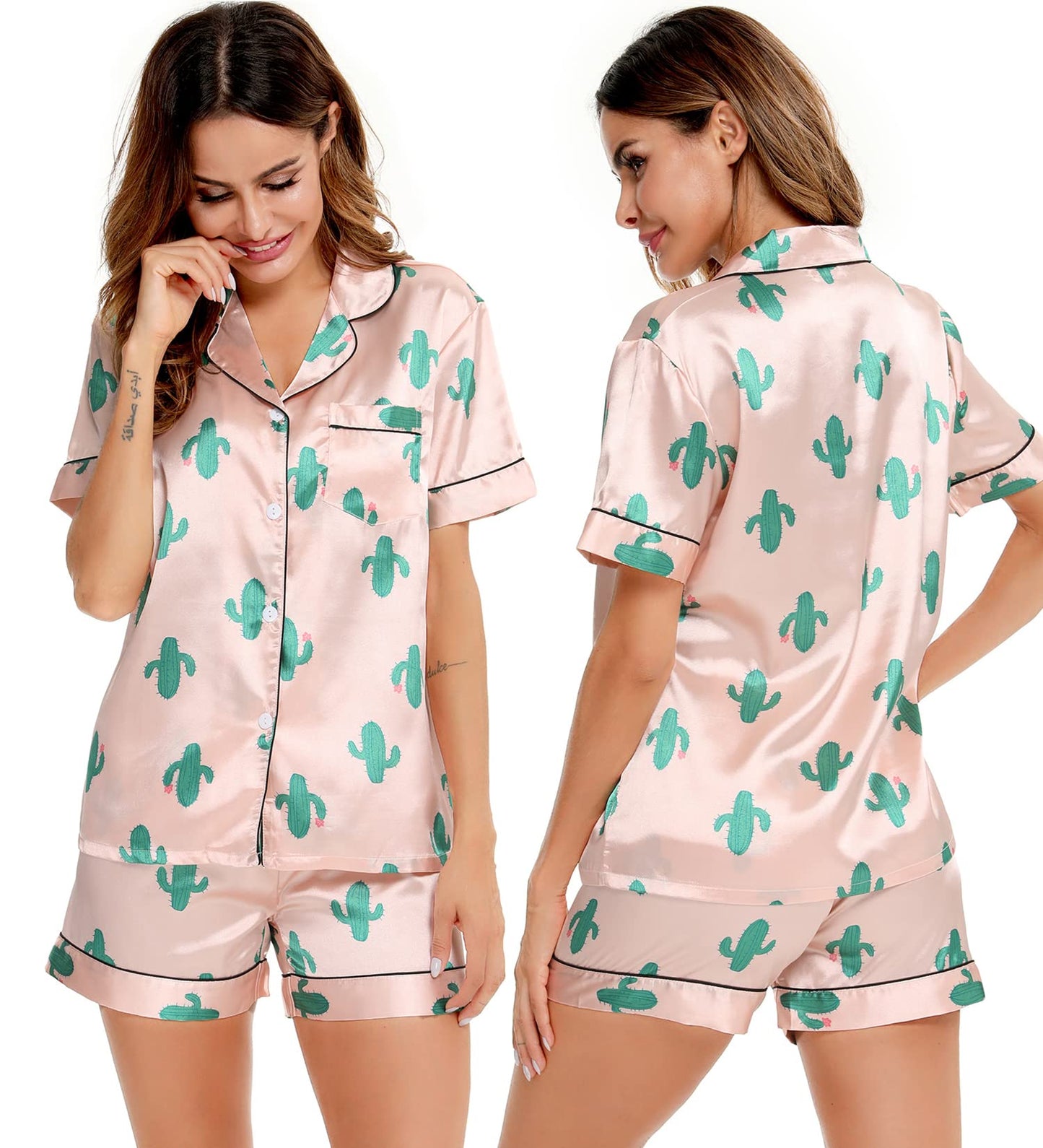 SWOMOG Womens Silk Satin Pajamas Set Short Sleeve Button Down Sleepwear Loungewear 2 Pcs Pj Sets