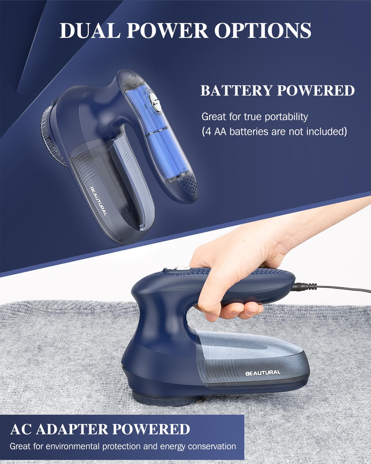 BEAUTURAL Lint Remover Fabric Shaver and Sweater Defuzzer with 2-Speeds, 2 Replaceable Stainless Steel Blades, Battery Operated
