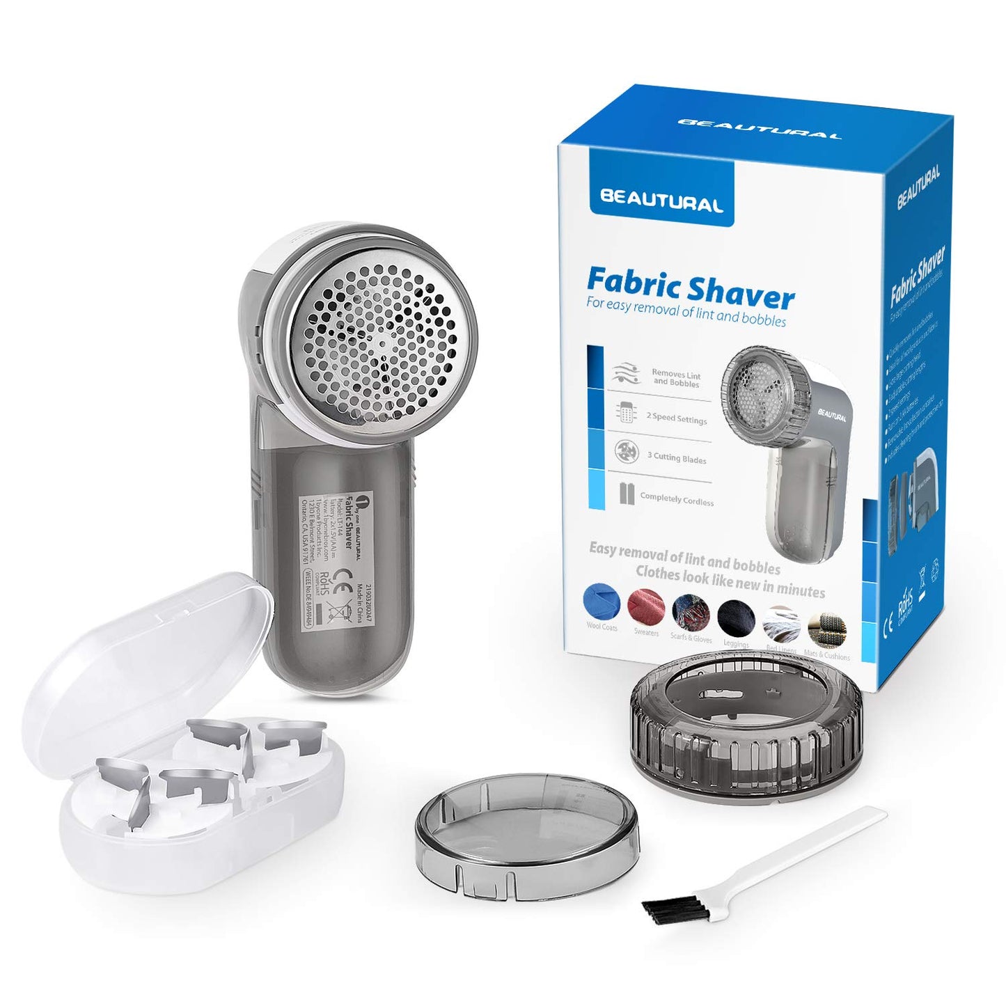 BEAUTURAL Lint Remover Fabric Shaver and Sweater Defuzzer with 2-Speeds, 2 Replaceable Stainless Steel Blades, Battery Operated