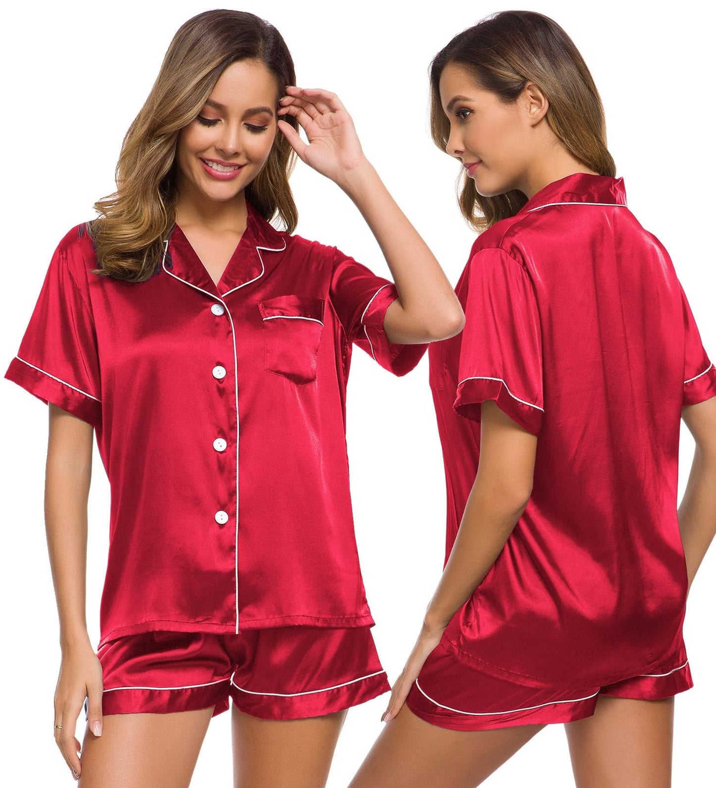 SWOMOG Womens Silk Satin Pajamas Set Short Sleeve Button Down Sleepwear Loungewear 2 Pcs Pj Sets
