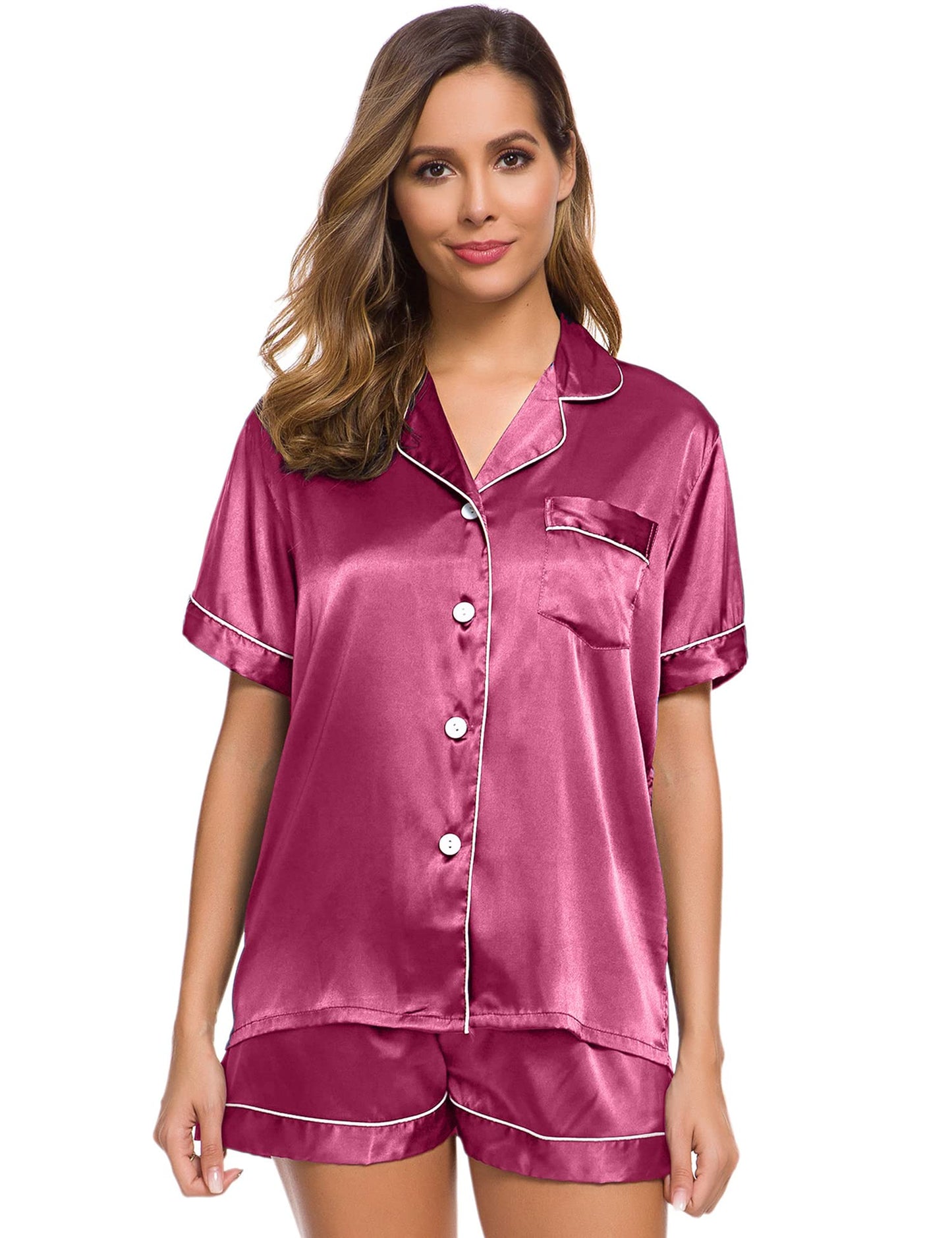 SWOMOG Womens Silk Satin Pajamas Set Short Sleeve Button Down Sleepwear Loungewear 2 Pcs Pj Sets