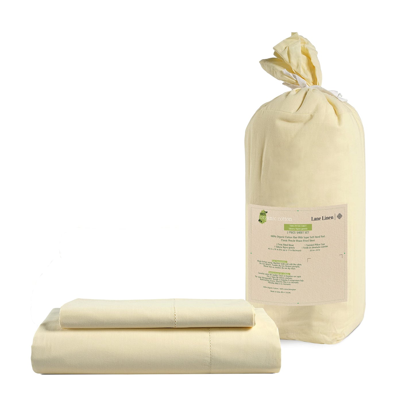 Lane Linen 100% Organic Cotton Fitted Sheet Queen Size only, 3-Piece Set (1 Fitted Sheet, 2 Pillowcases), Percale Weave, Cotton Sheet, Soft, Breathable, Fits Mattress Upto 15' Deep - White