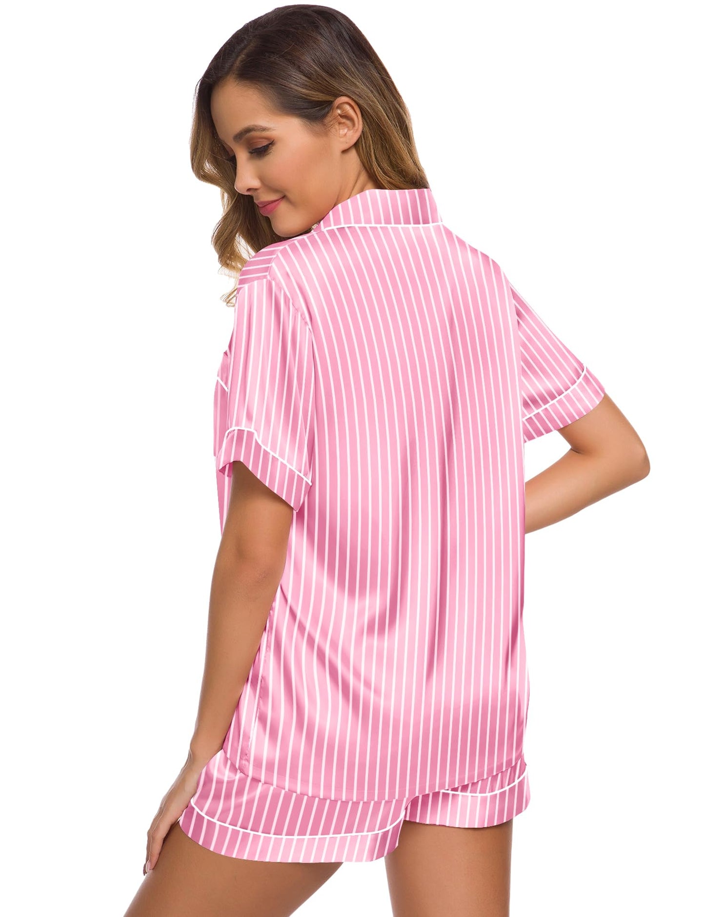 SWOMOG Womens Silk Satin Pajamas Set Short Sleeve Button Down Sleepwear Loungewear 2 Pcs Pj Sets