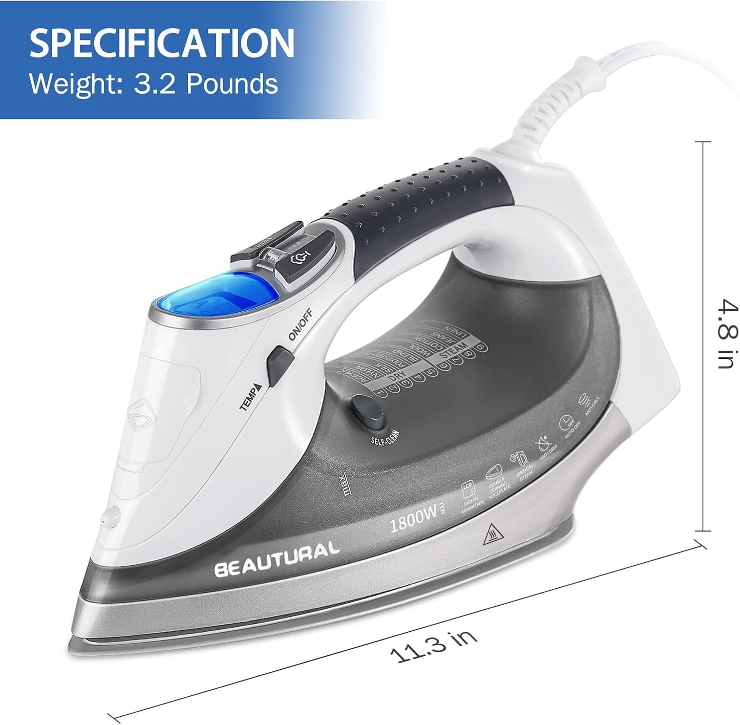 BEAUTURAL 1800-Watt Steam Iron with Digital LCD Screen, Double-Layer and Ceramic Coated Soleplate, 3-Way Auto-Off, 9 Preset Temperature and Steam Settings for Variable Fabric