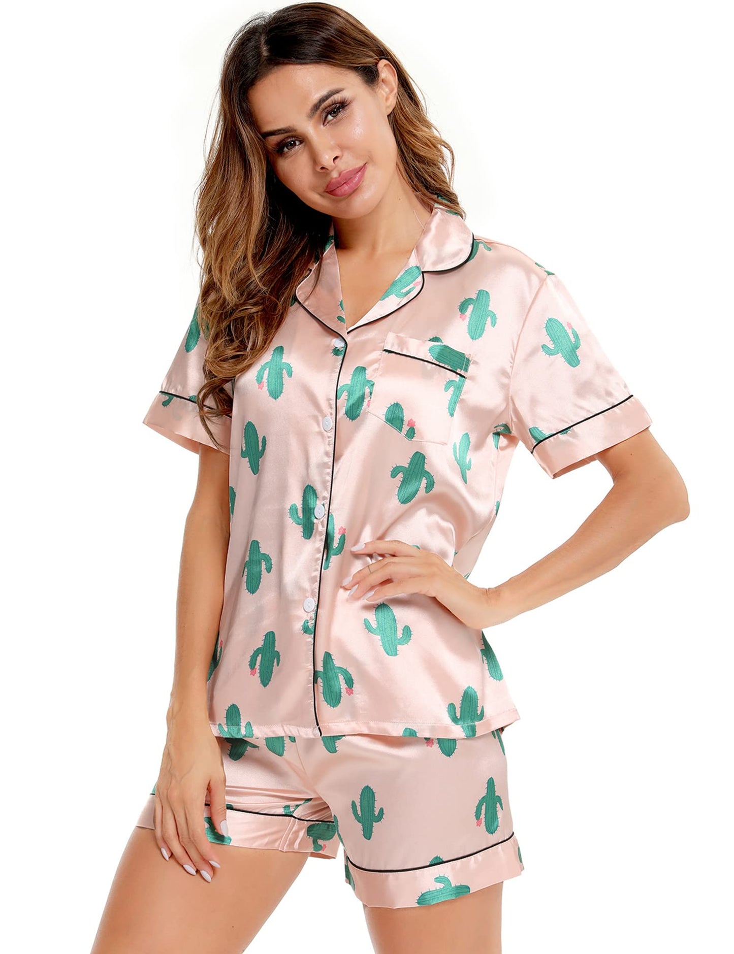 SWOMOG Womens Silk Satin Pajamas Set Short Sleeve Button Down Sleepwear Loungewear 2 Pcs Pj Sets