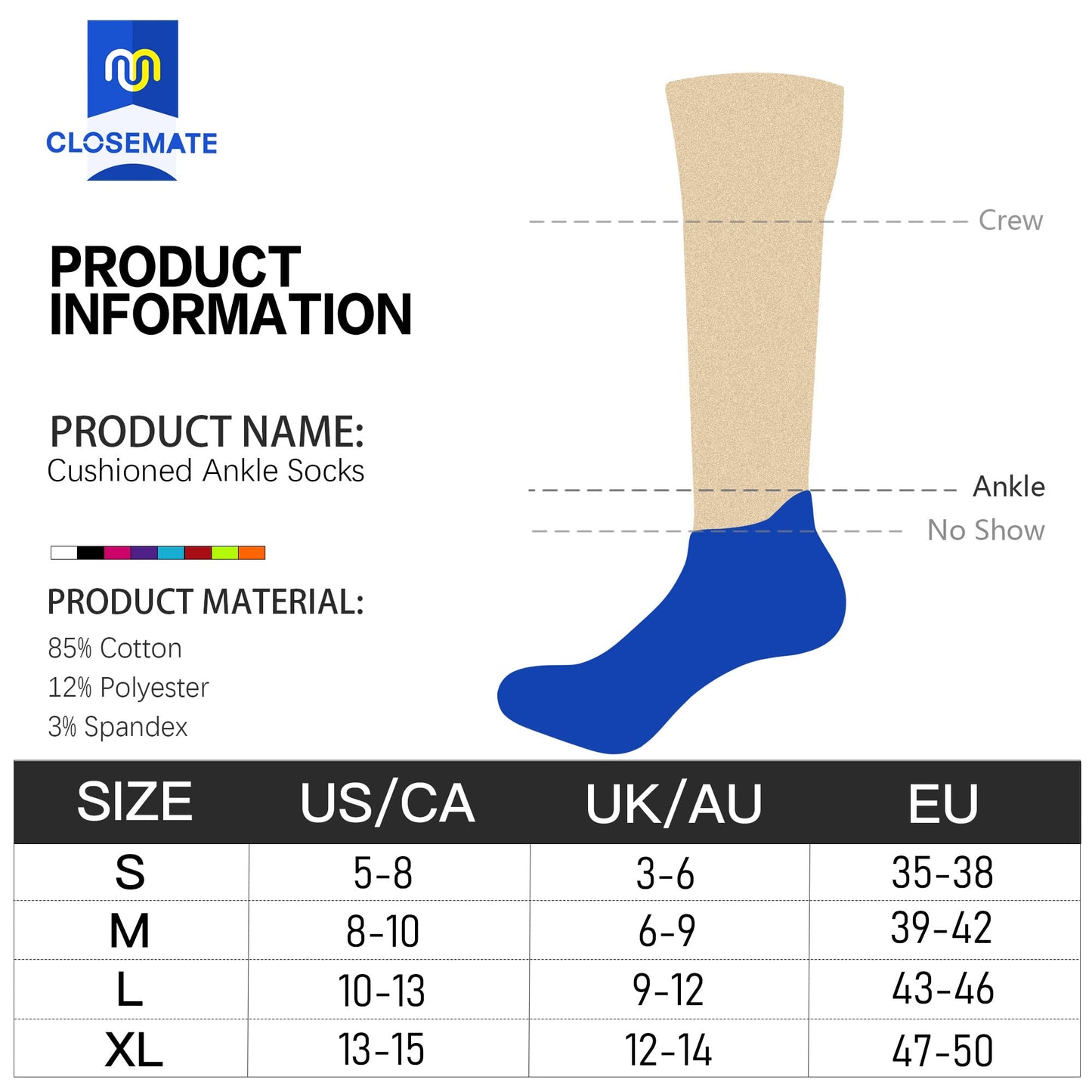 Closemate Mens Ankle Socks 6 Pairs Low Cut Athletic Socks Cotton Cushioned Tab Non-Slip Running Sport Socks