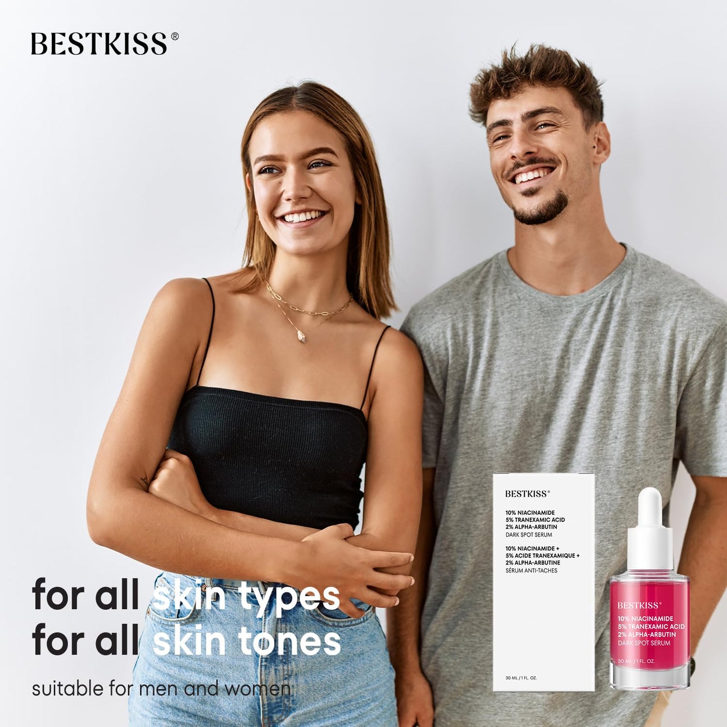Bestkiss 10% Niacinamide + 5% Tranexamic Acid + 2% Alpha-Arbutin Dark Spot Serum with Ceramides Hyaluronic Acid Centella Asiatica - Vegan Fragrance Free Cruelty Free 30mL