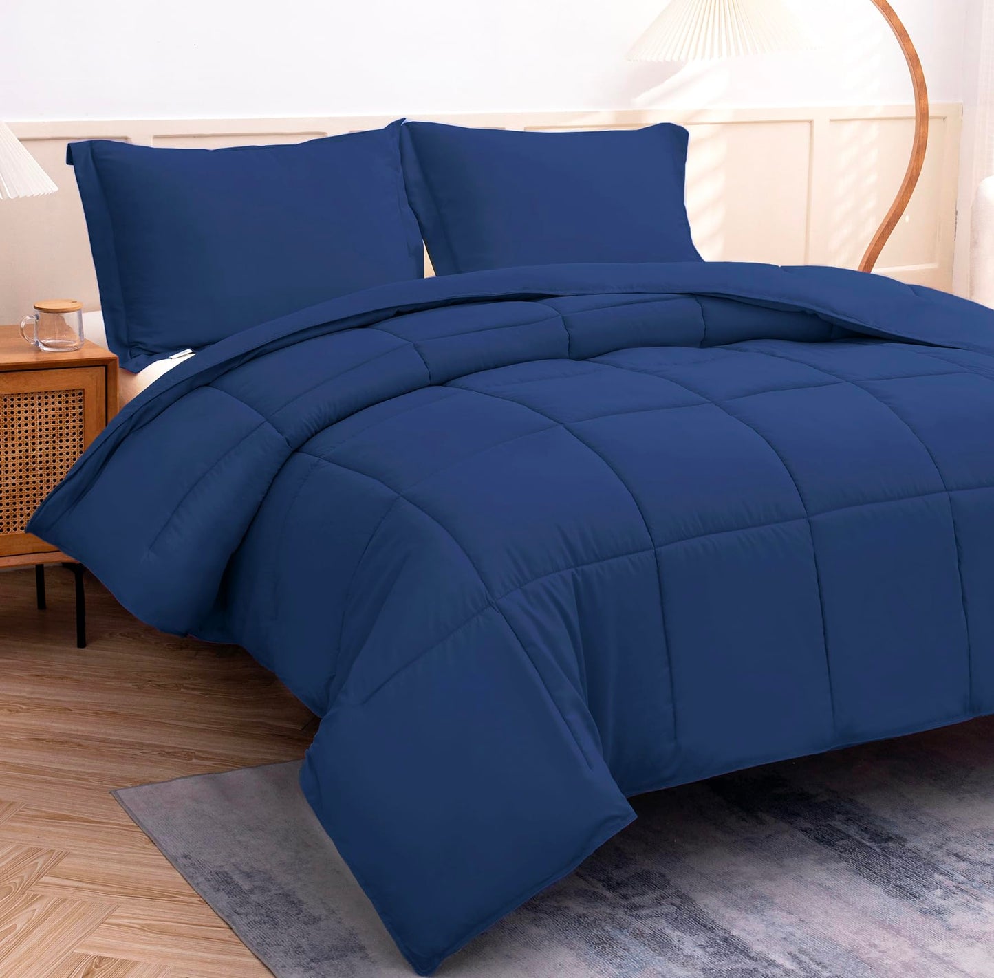 King Size Comforter Set 3 PCs Soft Quilted Down Alternative Comforter with Pillow Shams - Bedding Set, Machine Washable (King, Drak Blue)