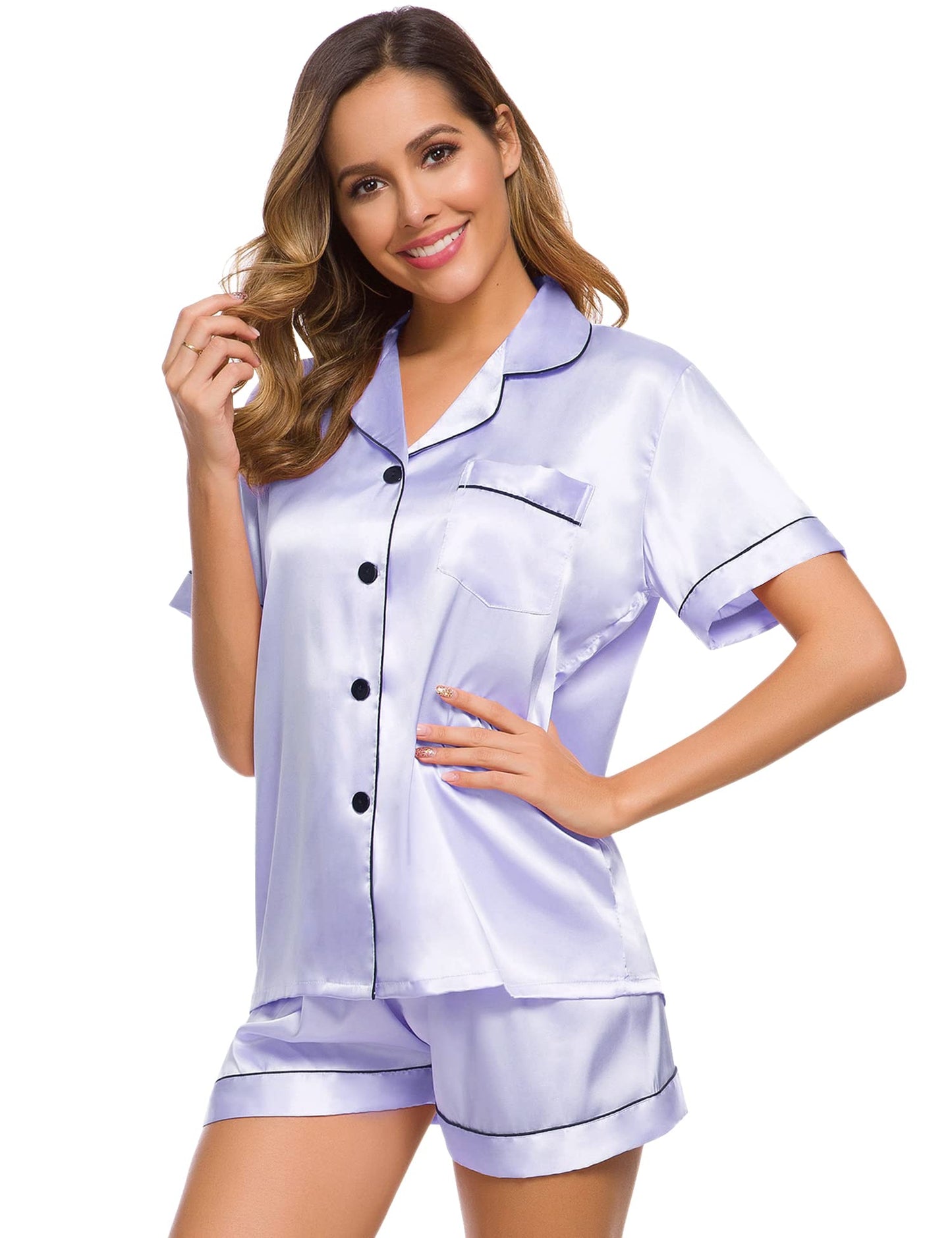 SWOMOG Womens Silk Satin Pajamas Set Short Sleeve Button Down Sleepwear Loungewear 2 Pcs Pj Sets