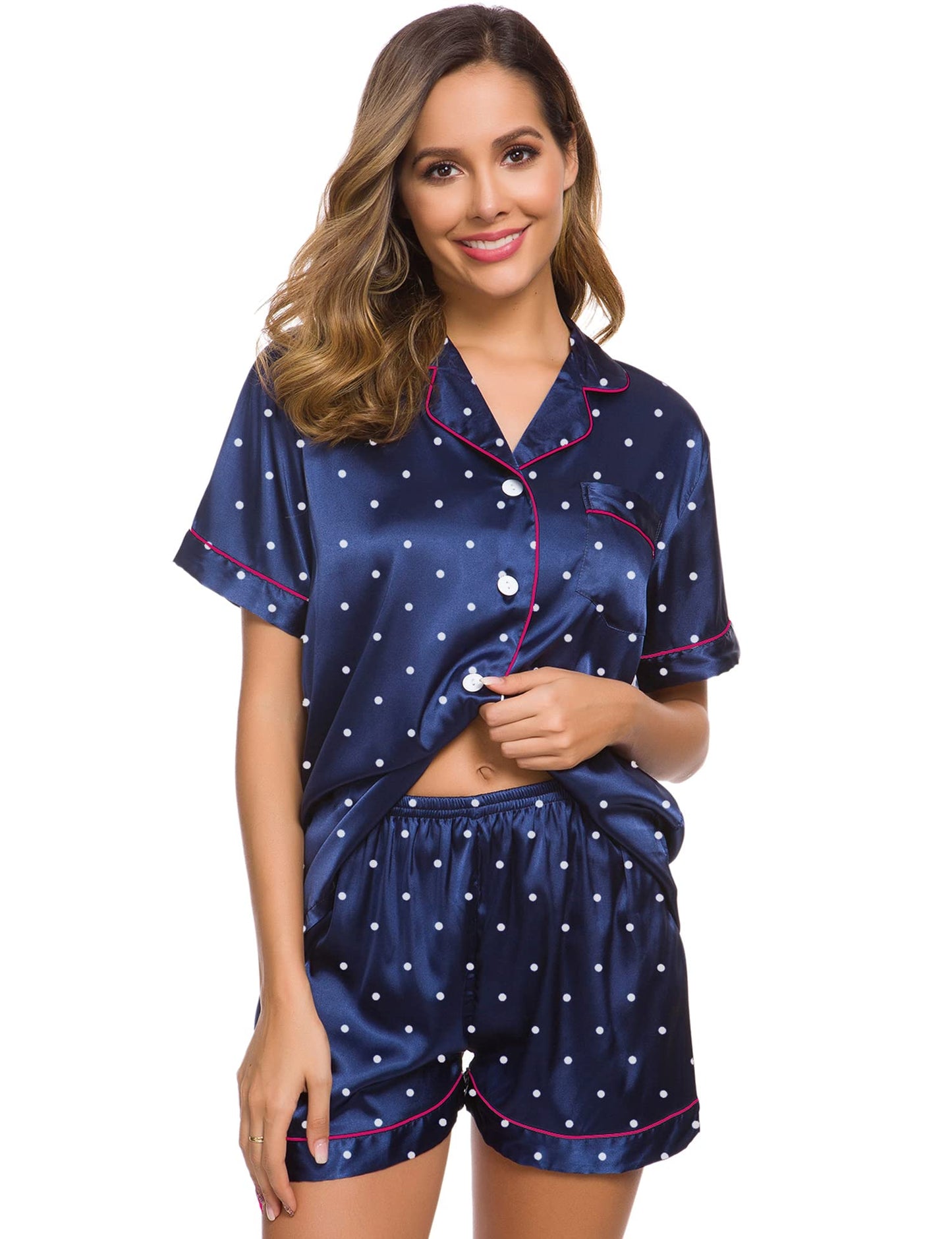 SWOMOG Womens Silk Satin Pajamas Set Short Sleeve Button Down Sleepwear Loungewear 2 Pcs Pj Sets