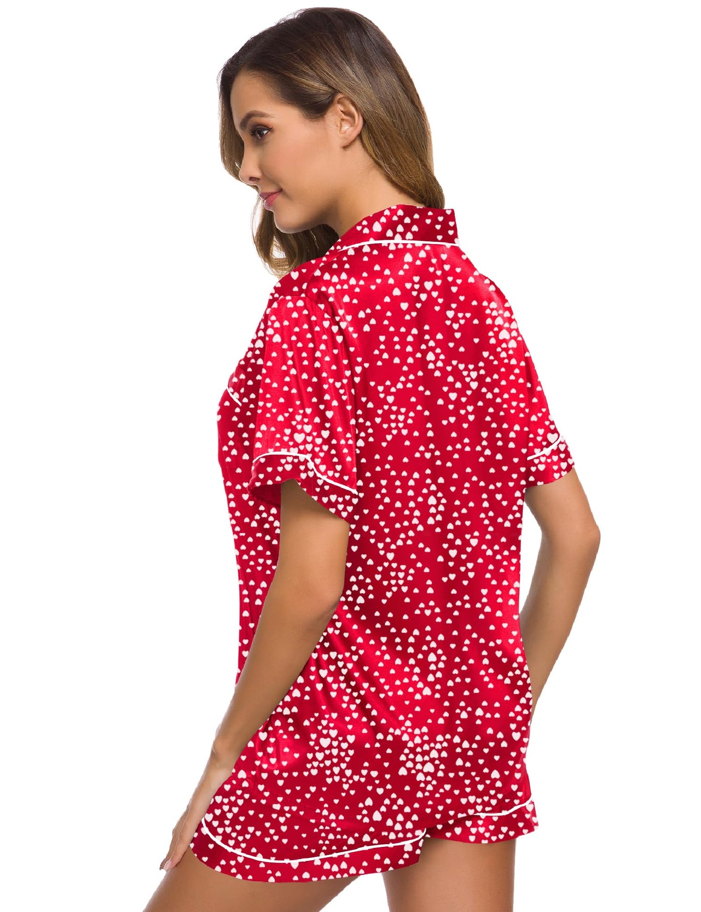 SWOMOG Womens Silk Satin Pajamas Set Short Sleeve Button Down Sleepwear Loungewear 2 Pcs Pj Sets