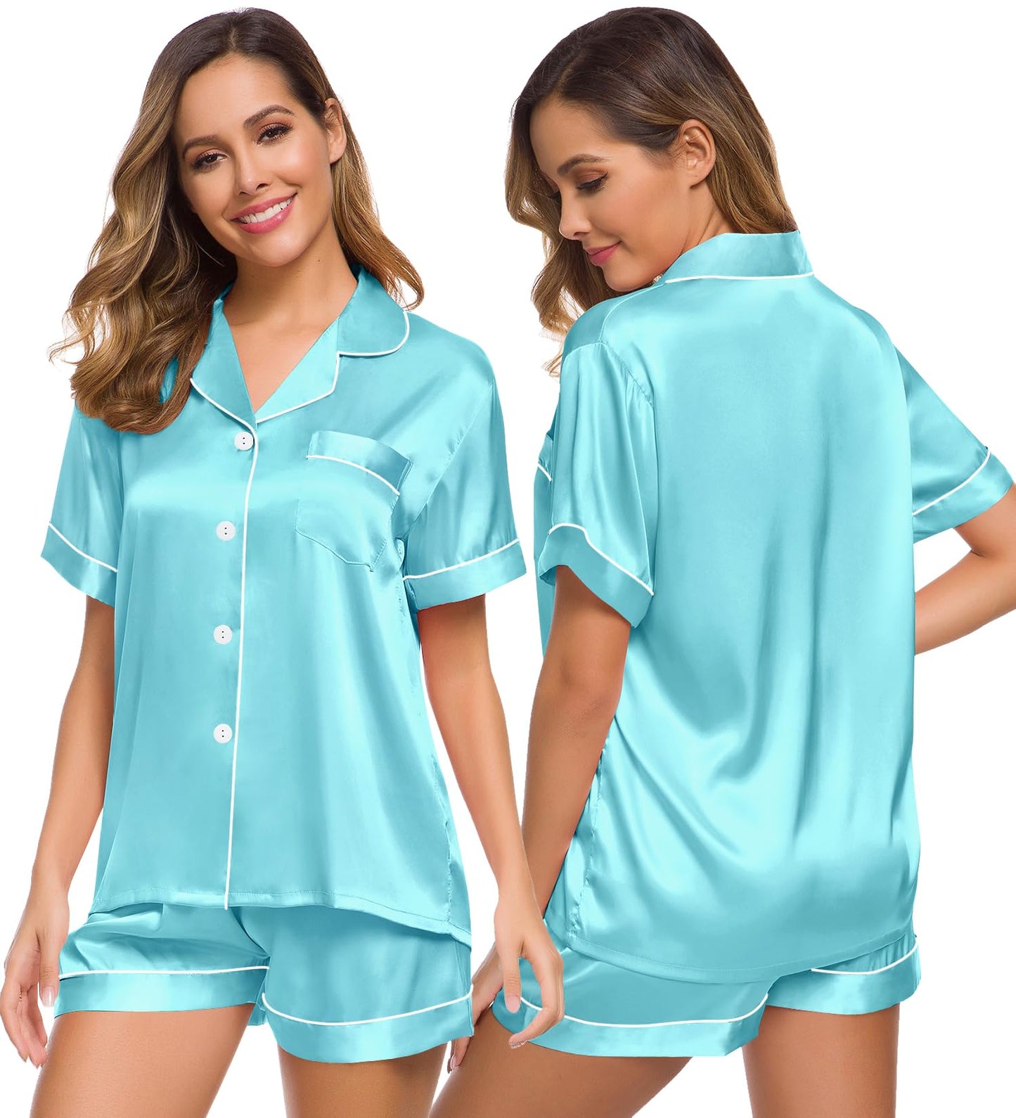SWOMOG Womens Silk Satin Pajamas Set Short Sleeve Button Down Sleepwear Loungewear 2 Pcs Pj Sets