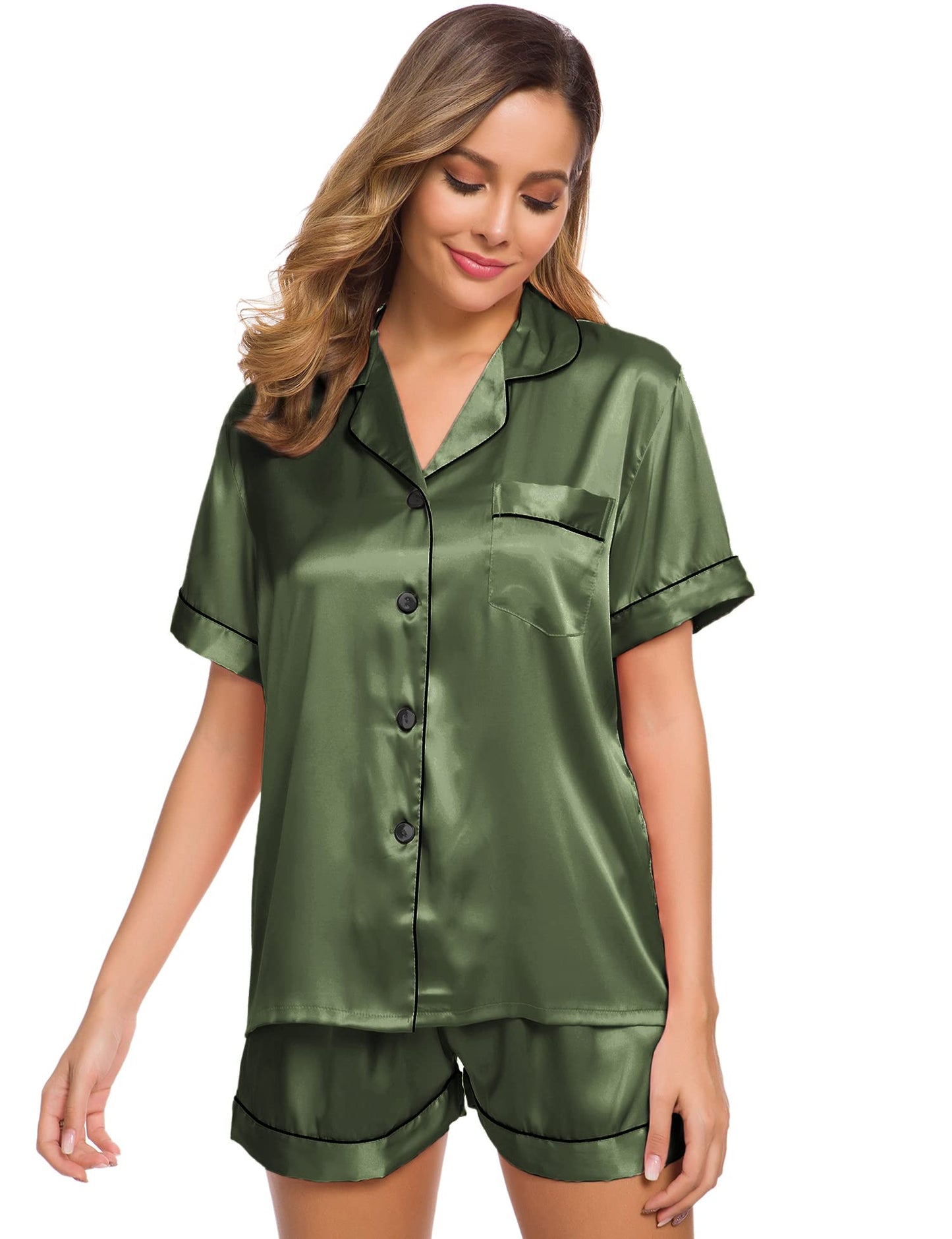 SWOMOG Womens Silk Satin Pajamas Set Short Sleeve Button Down Sleepwear Loungewear 2 Pcs Pj Sets