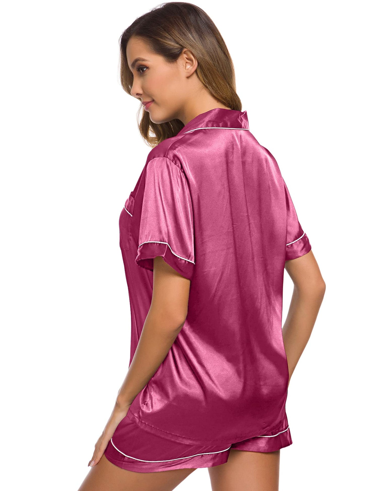 SWOMOG Womens Silk Satin Pajamas Set Short Sleeve Button Down Sleepwear Loungewear 2 Pcs Pj Sets