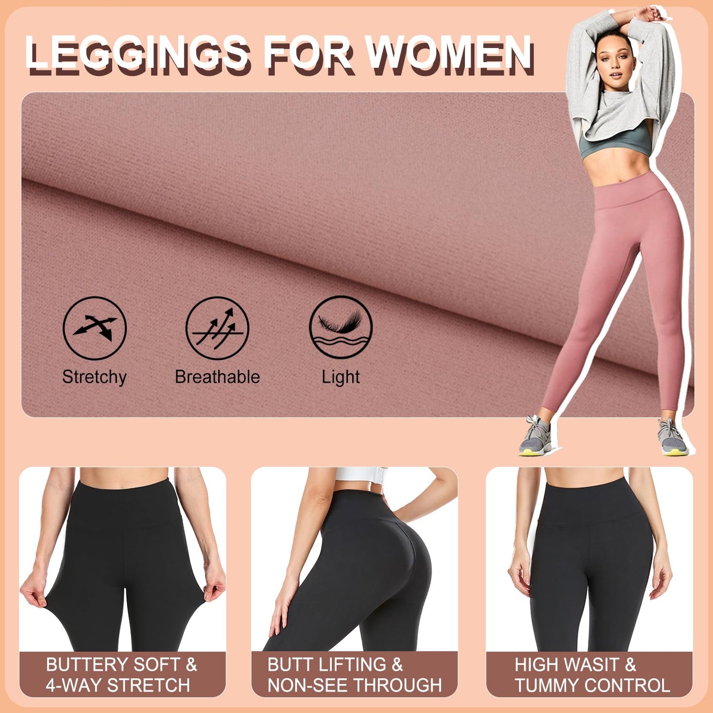 DHSO 3 Pack Leggings for Women, High Waist Tummy Control Yoga Pants Non See-Through Workout Running Tights