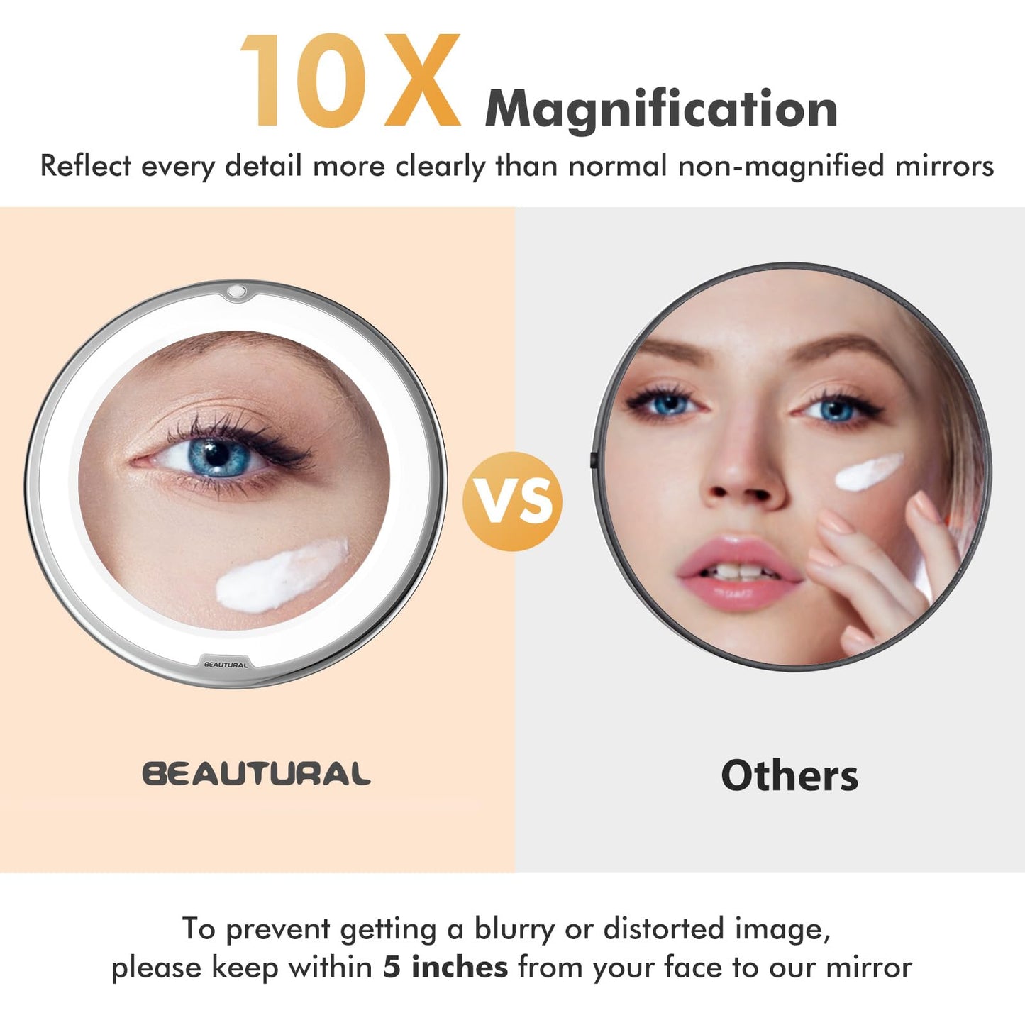 BEAUTURAL 10X Magnifying Makeup Mirror with LED, Lighted Magnifying Vanity Makeup Mirror for Home Tabletop Bathroom Shower Travel, 360 Degree Rotation, Powerful Suction Cup