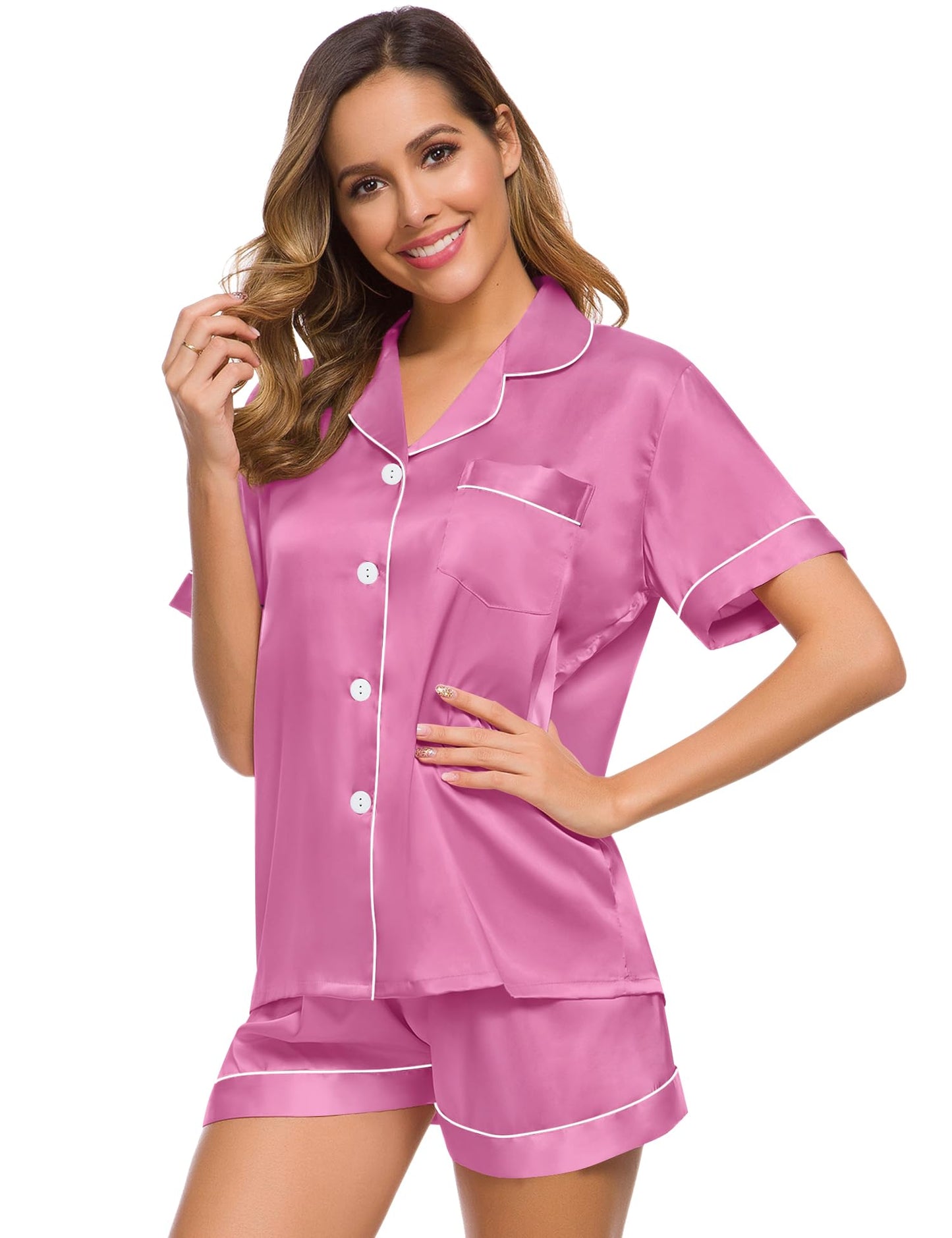 SWOMOG Womens Silk Satin Pajamas Set Short Sleeve Button Down Sleepwear Loungewear 2 Pcs Pj Sets