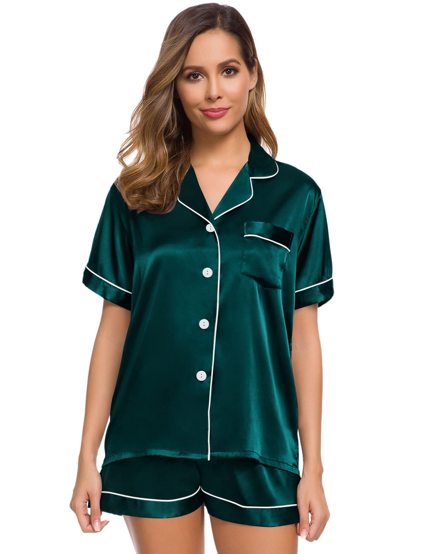 SWOMOG Womens Silk Satin Pajamas Set Short Sleeve Button Down Sleepwear Loungewear 2 Pcs Pj Sets
