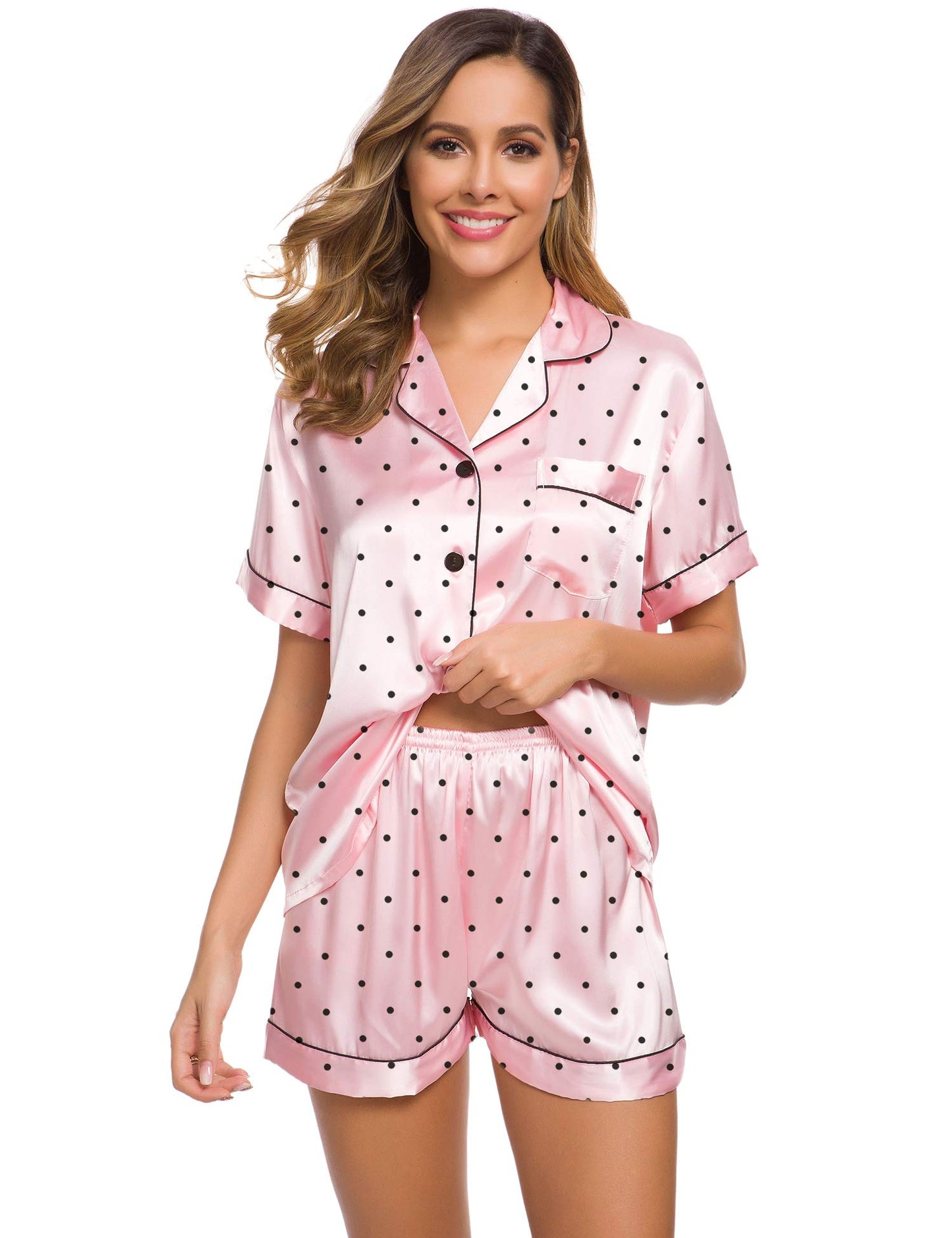 SWOMOG Womens Silk Satin Pajamas Set Short Sleeve Button Down Sleepwear Loungewear 2 Pcs Pj Sets