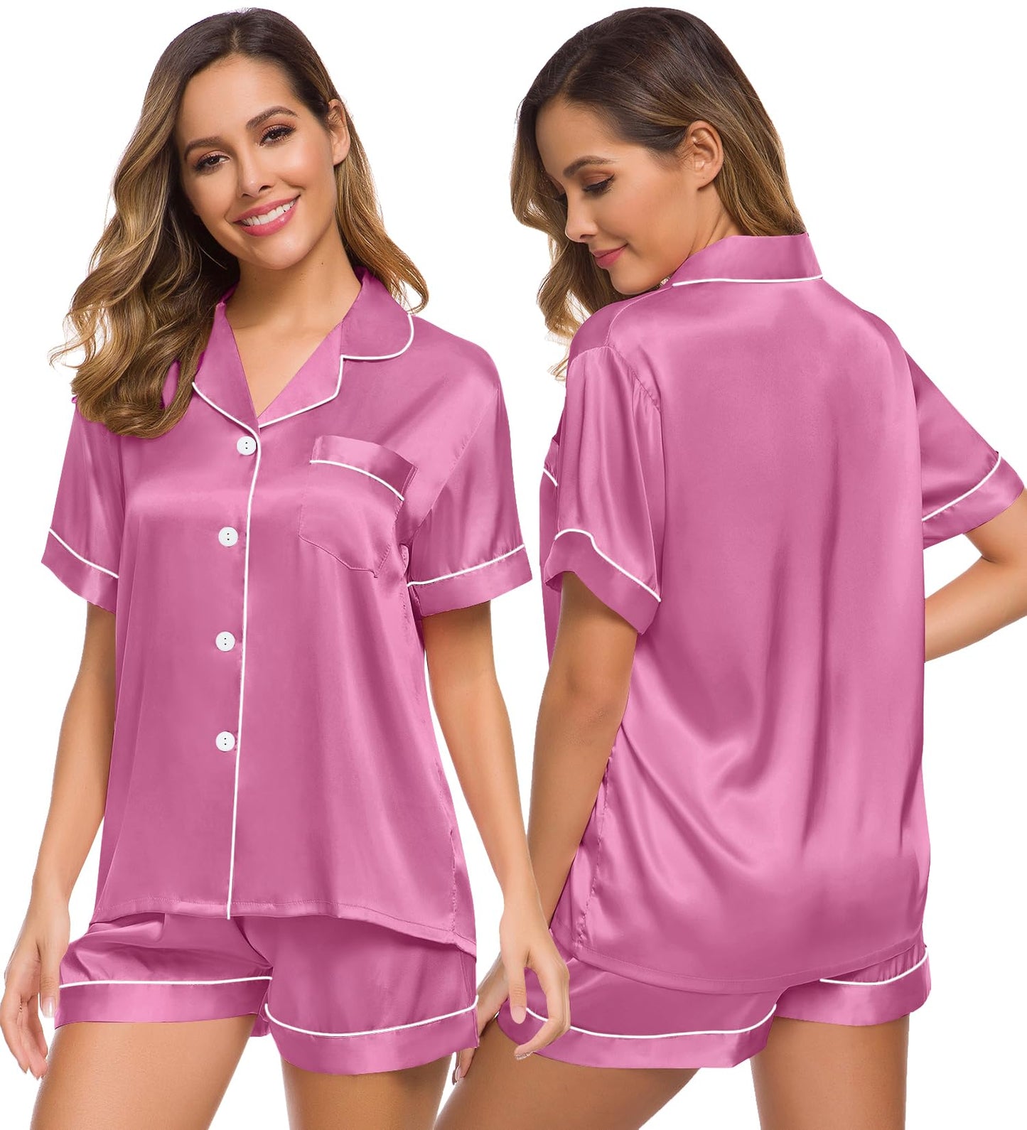 SWOMOG Womens Silk Satin Pajamas Set Short Sleeve Button Down Sleepwear Loungewear 2 Pcs Pj Sets