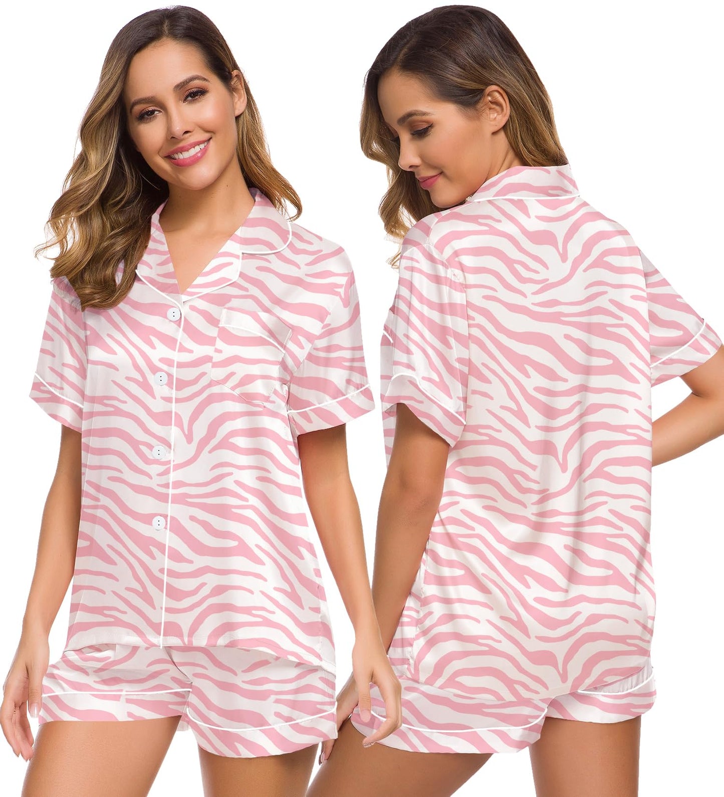 SWOMOG Womens Silk Satin Pajamas Set Short Sleeve Button Down Sleepwear Loungewear 2 Pcs Pj Sets