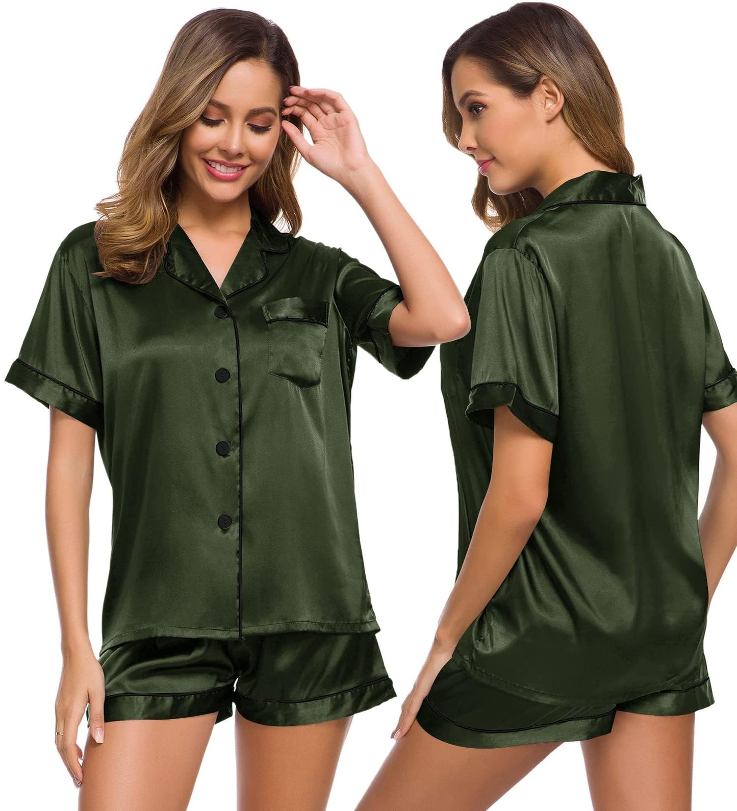 SWOMOG Womens Silk Satin Pajamas Set Short Sleeve Button Down Sleepwear Loungewear 2 Pcs Pj Sets